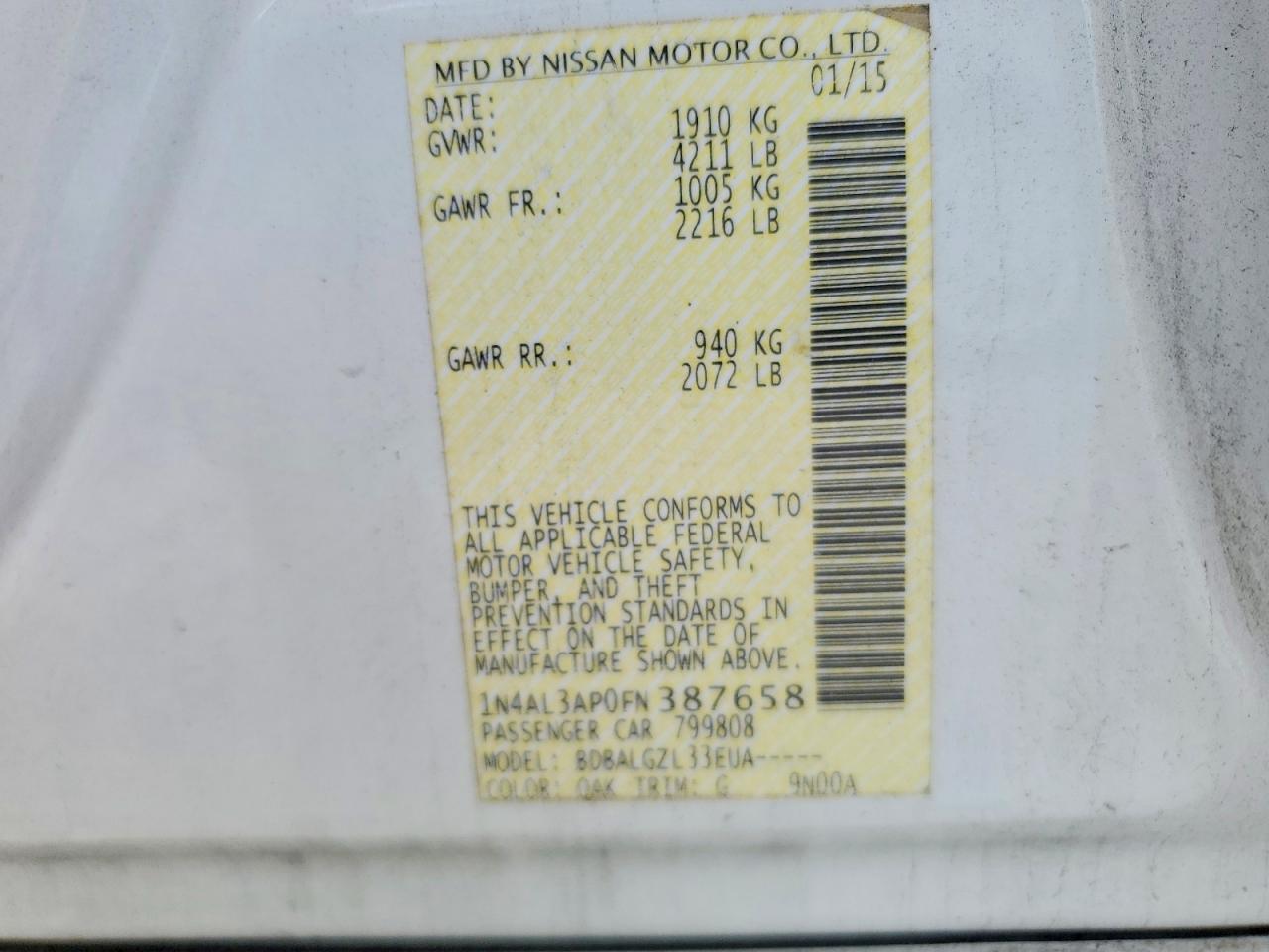 2015 Nissan Altima 2.5 S Белый vin: 1N4AL3AP0FN387658
