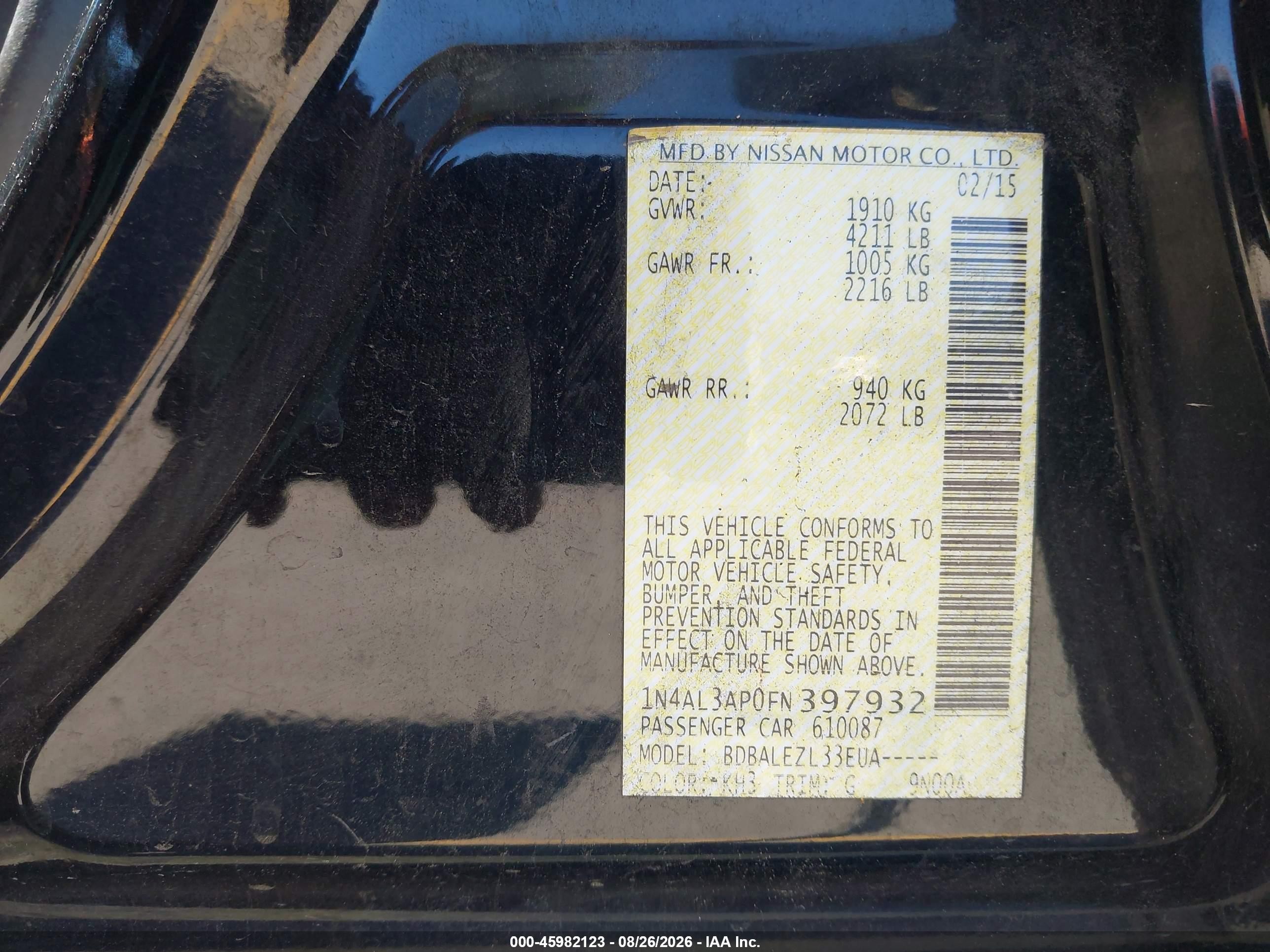 2015 Nissan Altima 2.5/2.5 S/2.5 Sl/2.5 Sv Черный vin: 1N4AL3AP0FN397932