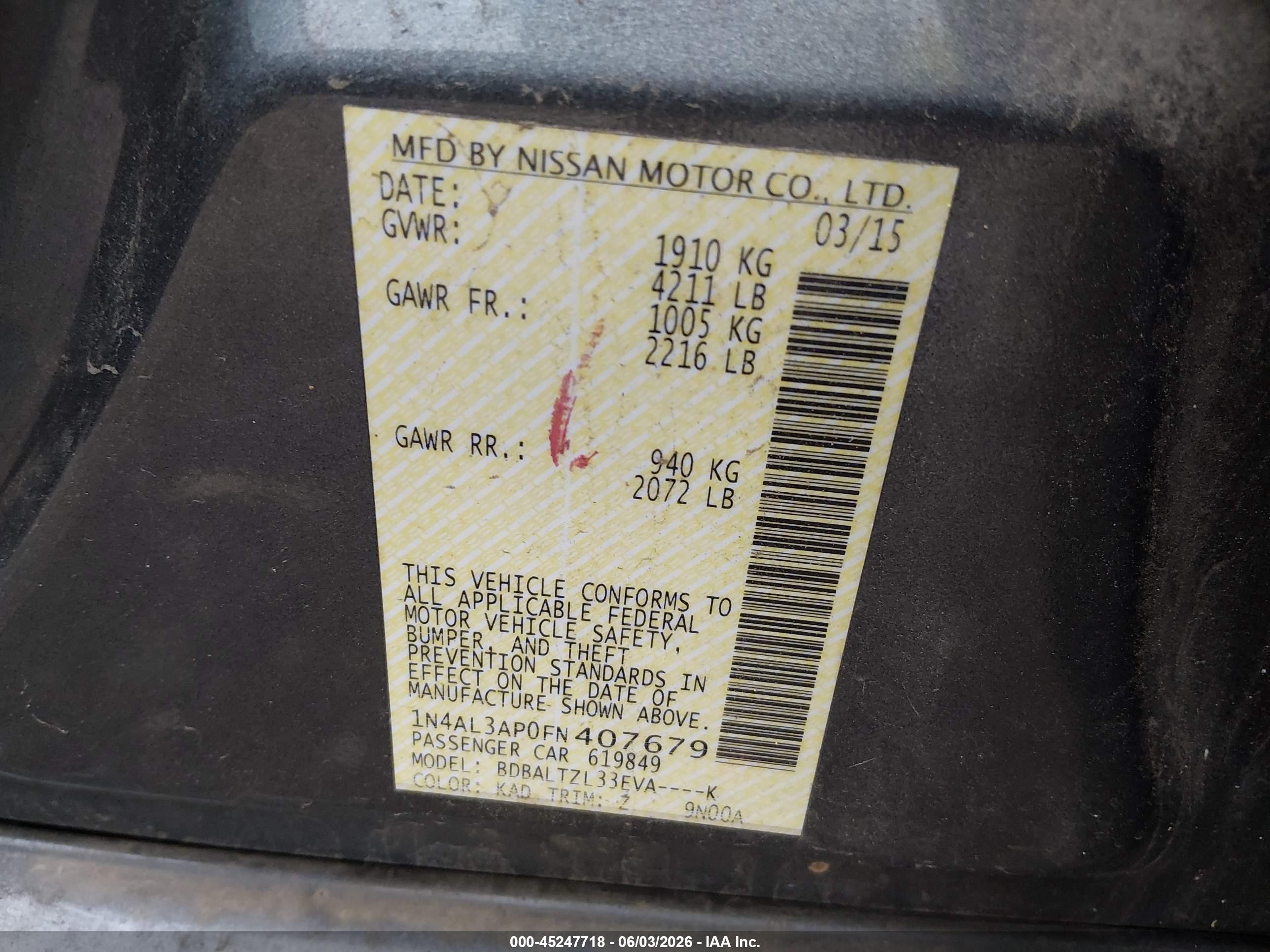 2015 Nissan Altima 2.5 Sl Gray vin: 1N4AL3AP0FN407679