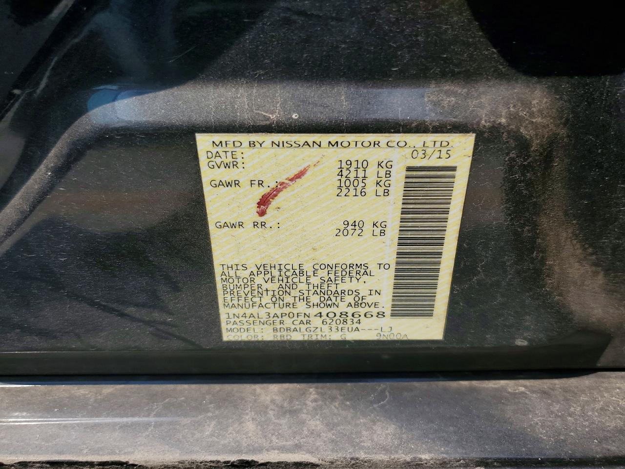 2015 Nissan Altima 2.5 S Charcoal vin: 1N4AL3AP0FN408668