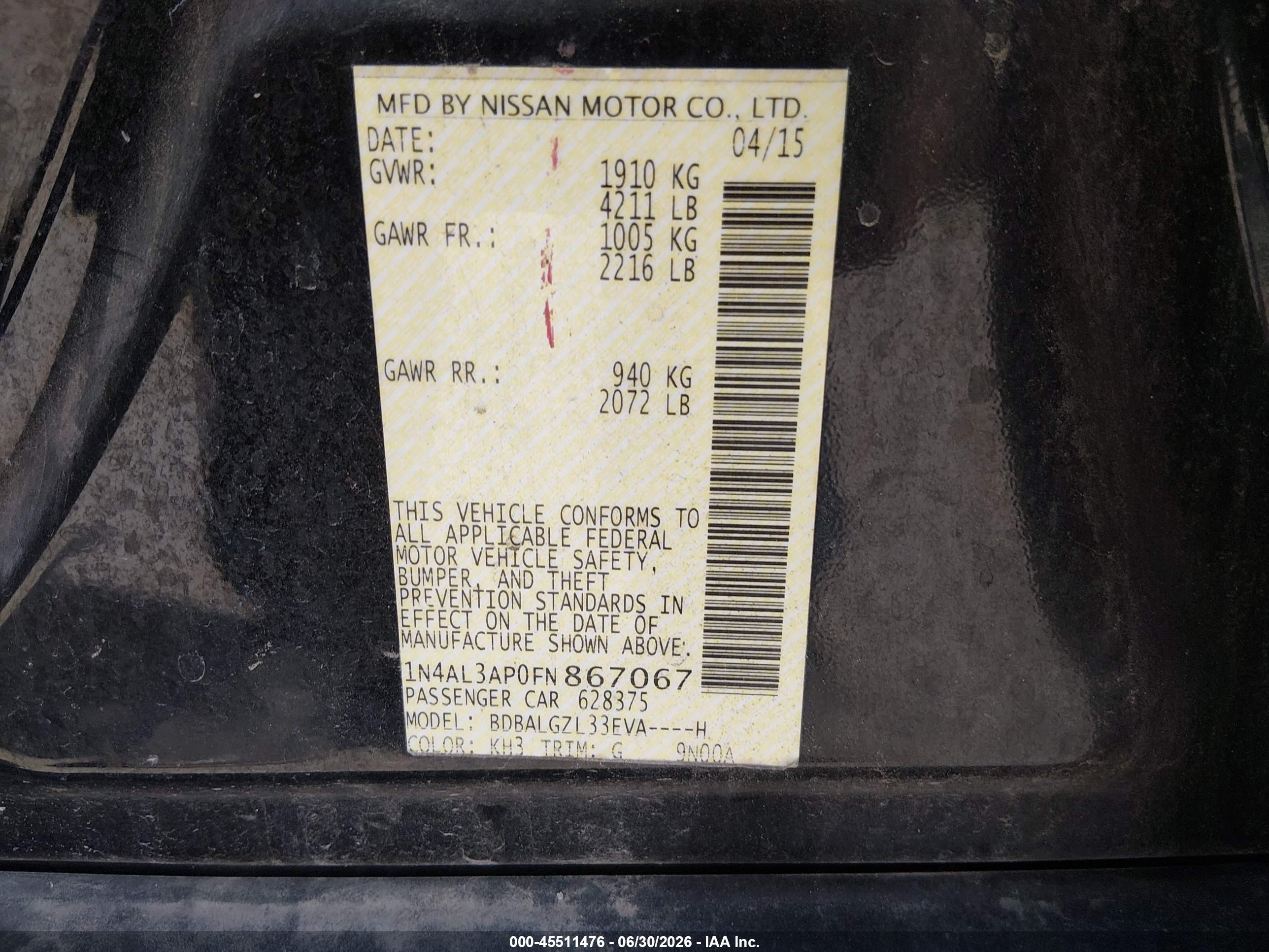 2015 Nissan Altima 2.5 S Black vin: 1N4AL3AP0FN867067