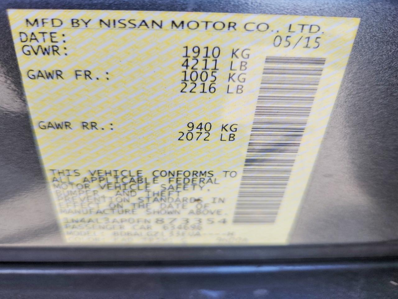 2015 Nissan Altima 2.5 S Charcoal vin: 1N4AL3AP0FN873354