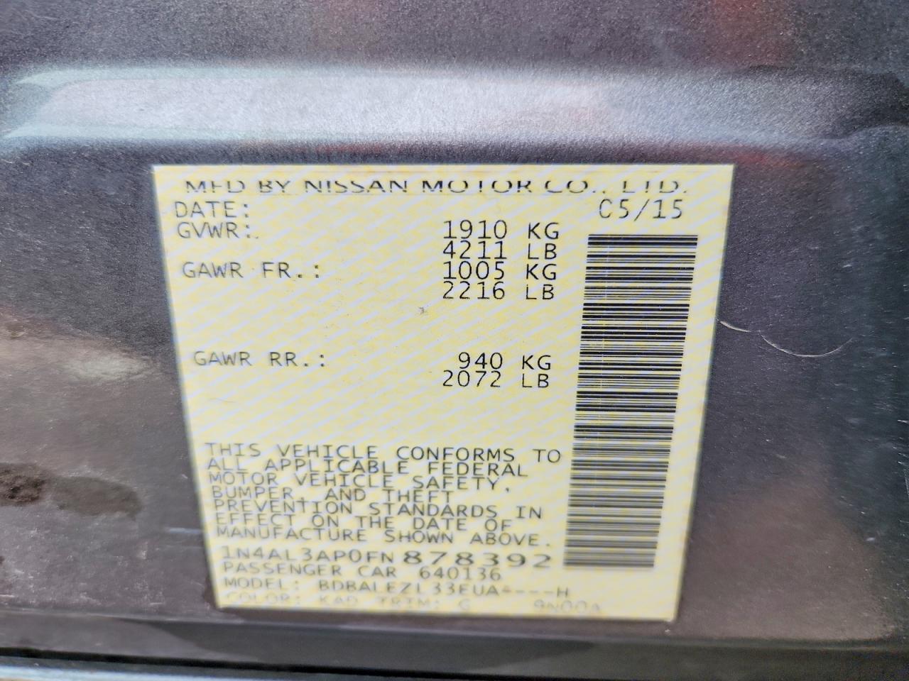 2015 Nissan Altima 2.5 S Gray vin: 1N4AL3AP0FN878392