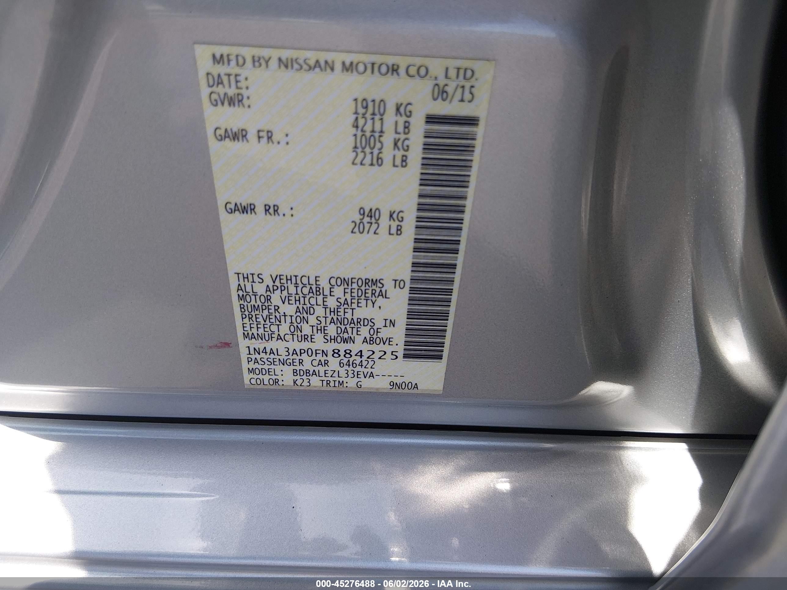 2015 Nissan Altima 2.5/2.5 S/2.5 Sl/2.5 Sv Silver vin: 1N4AL3AP0FN884225