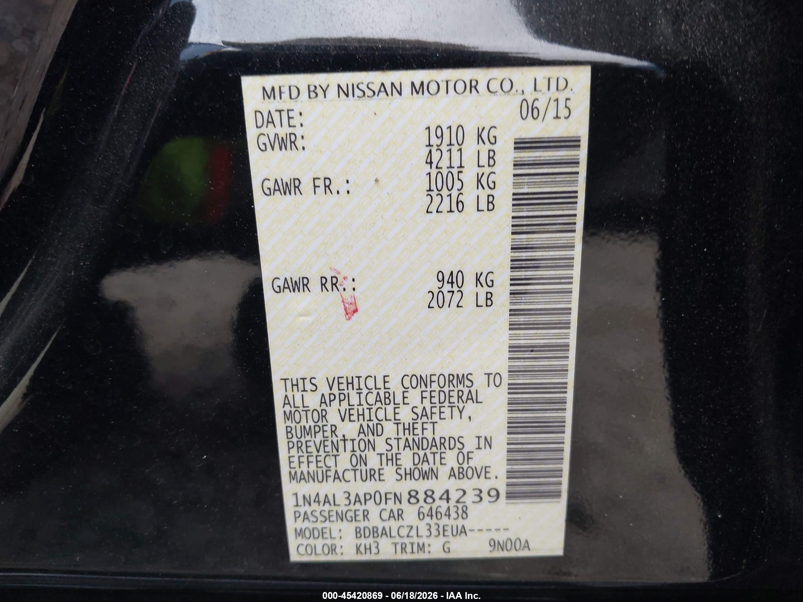 2015 Nissan Altima 2.5 S Black vin: 1N4AL3AP0FN884239