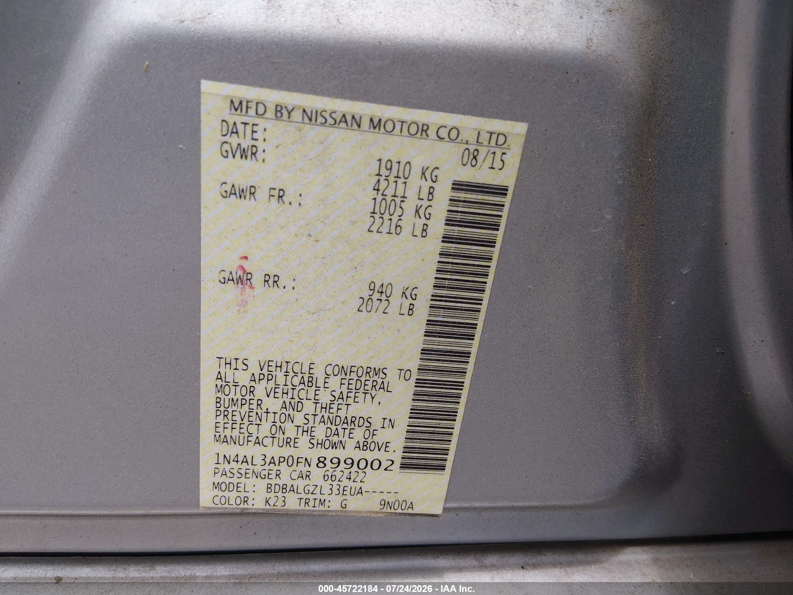 2015 Nissan Altima 2.5/2.5 S/2.5 Sl/2.5 Sv Silver vin: 1N4AL3AP0FN899002