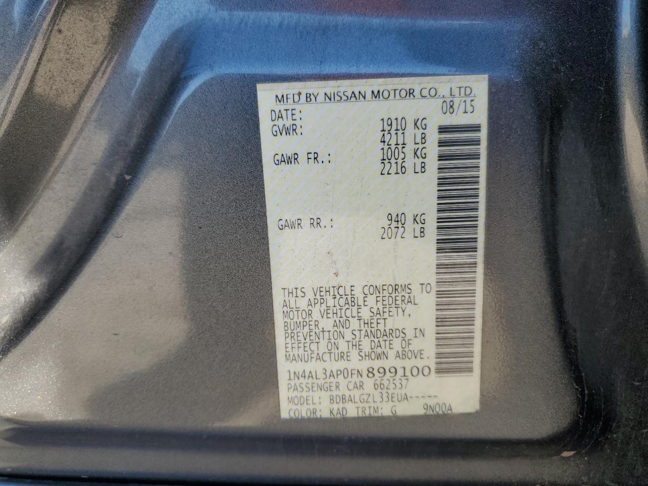 2015 Nissan Altima 2.5 Gray vin: 1N4AL3AP0FN899100