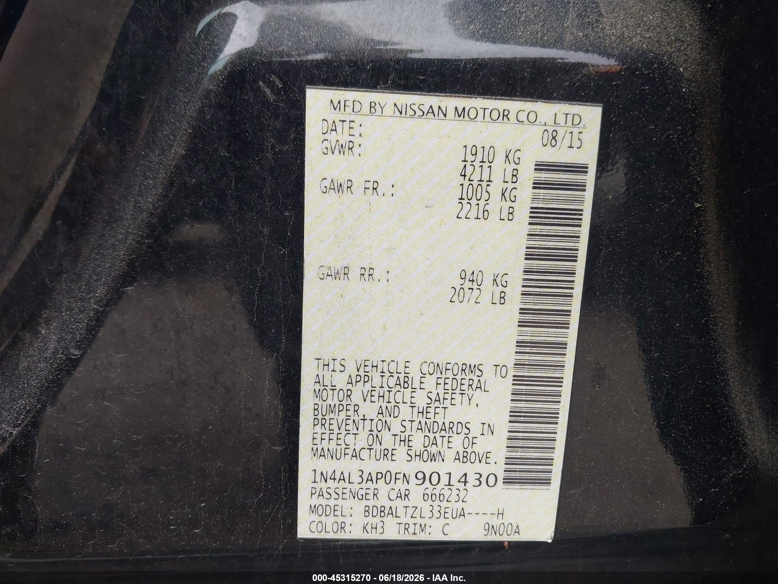2015 Nissan Altima 2.5 Sl Черный vin: 1N4AL3AP0FN901430