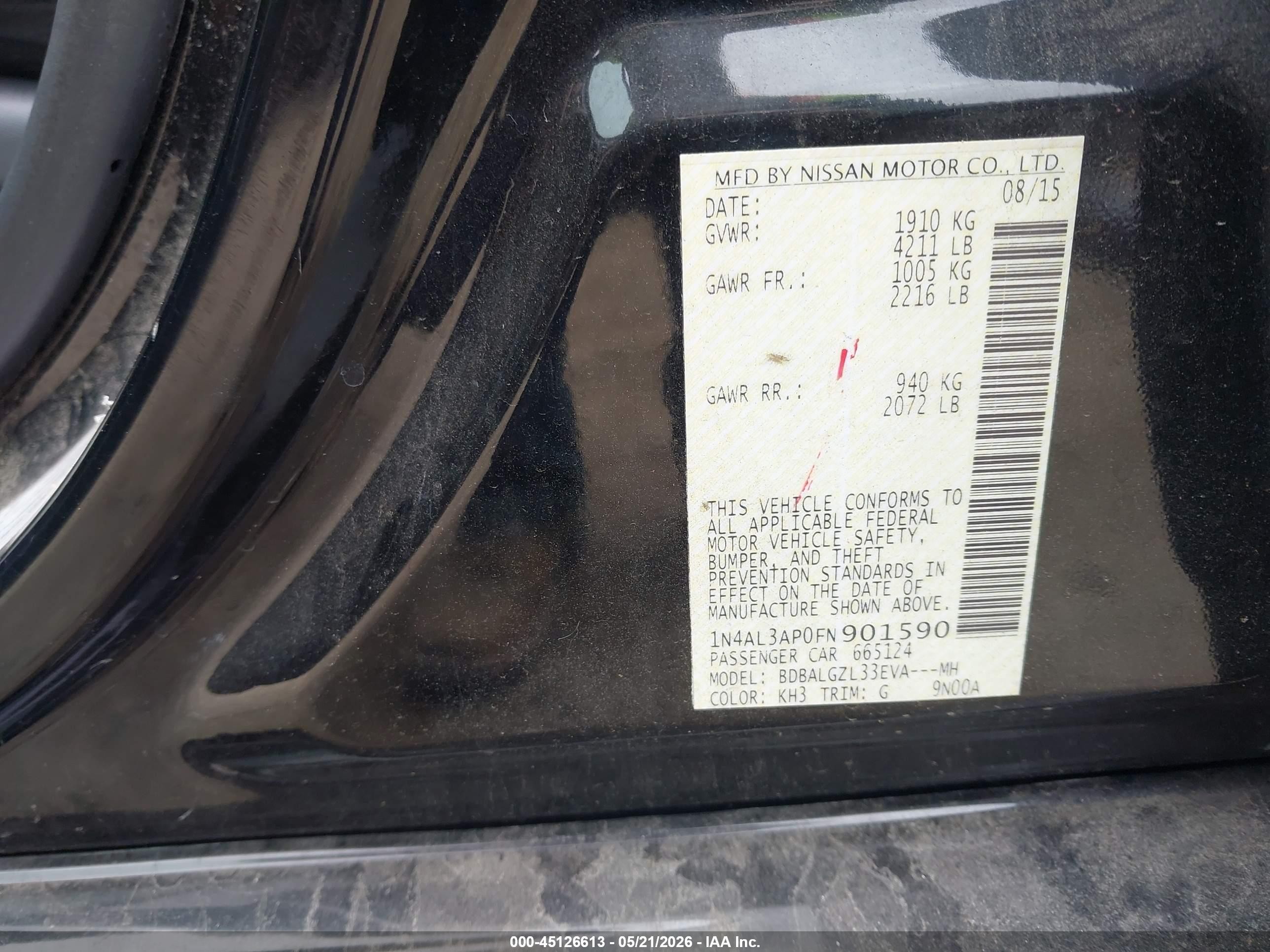2015 Nissan Altima 2.5 S Black vin: 1N4AL3AP0FN901590