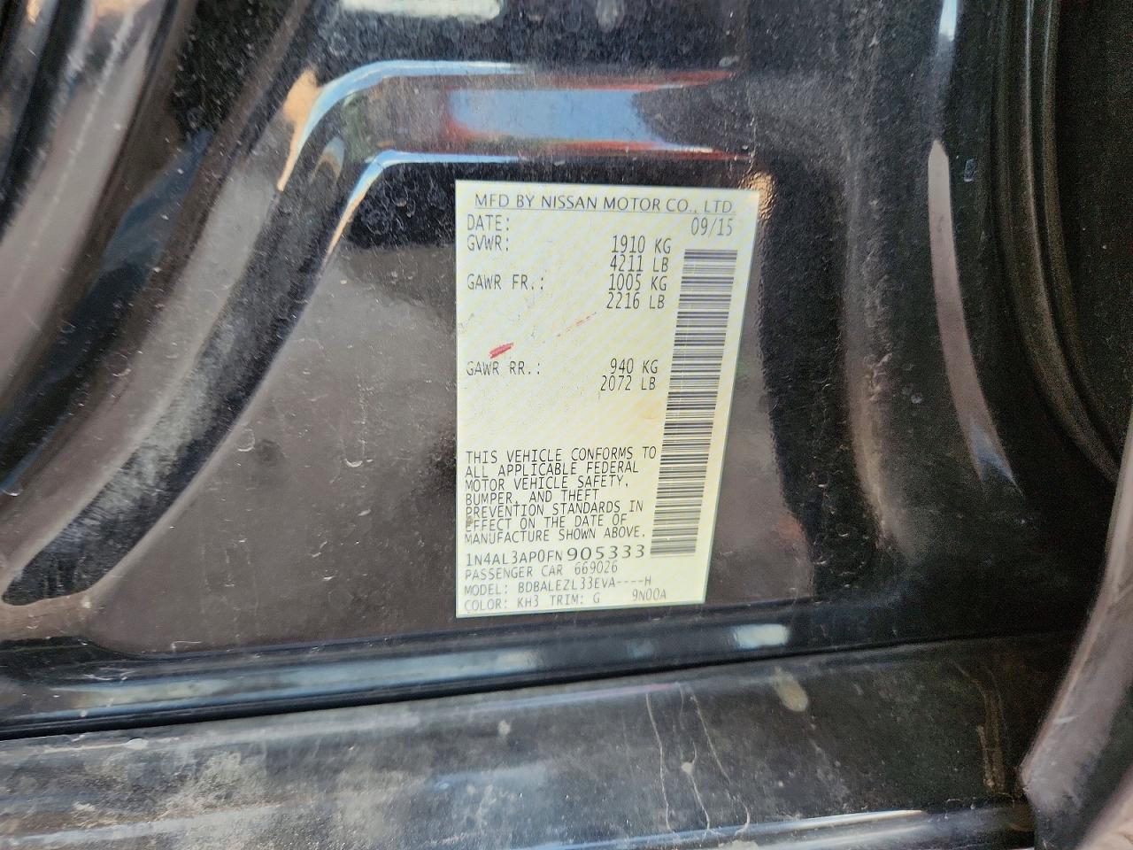 2015 Nissan Altima 2.5 S Black vin: 1N4AL3AP0FN905333