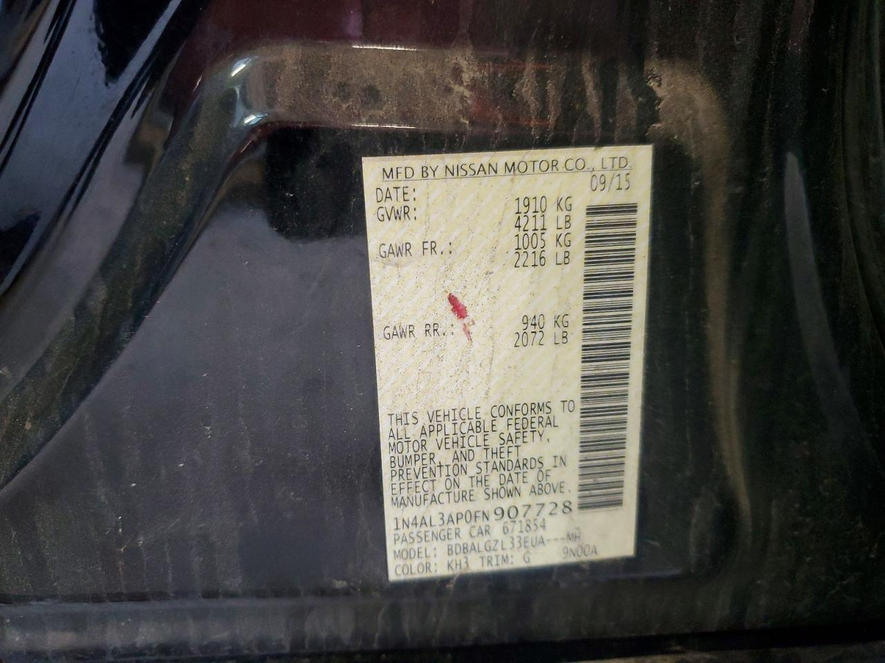 2015 Nissan Altima 2.5 S Black vin: 1N4AL3AP0FN907728