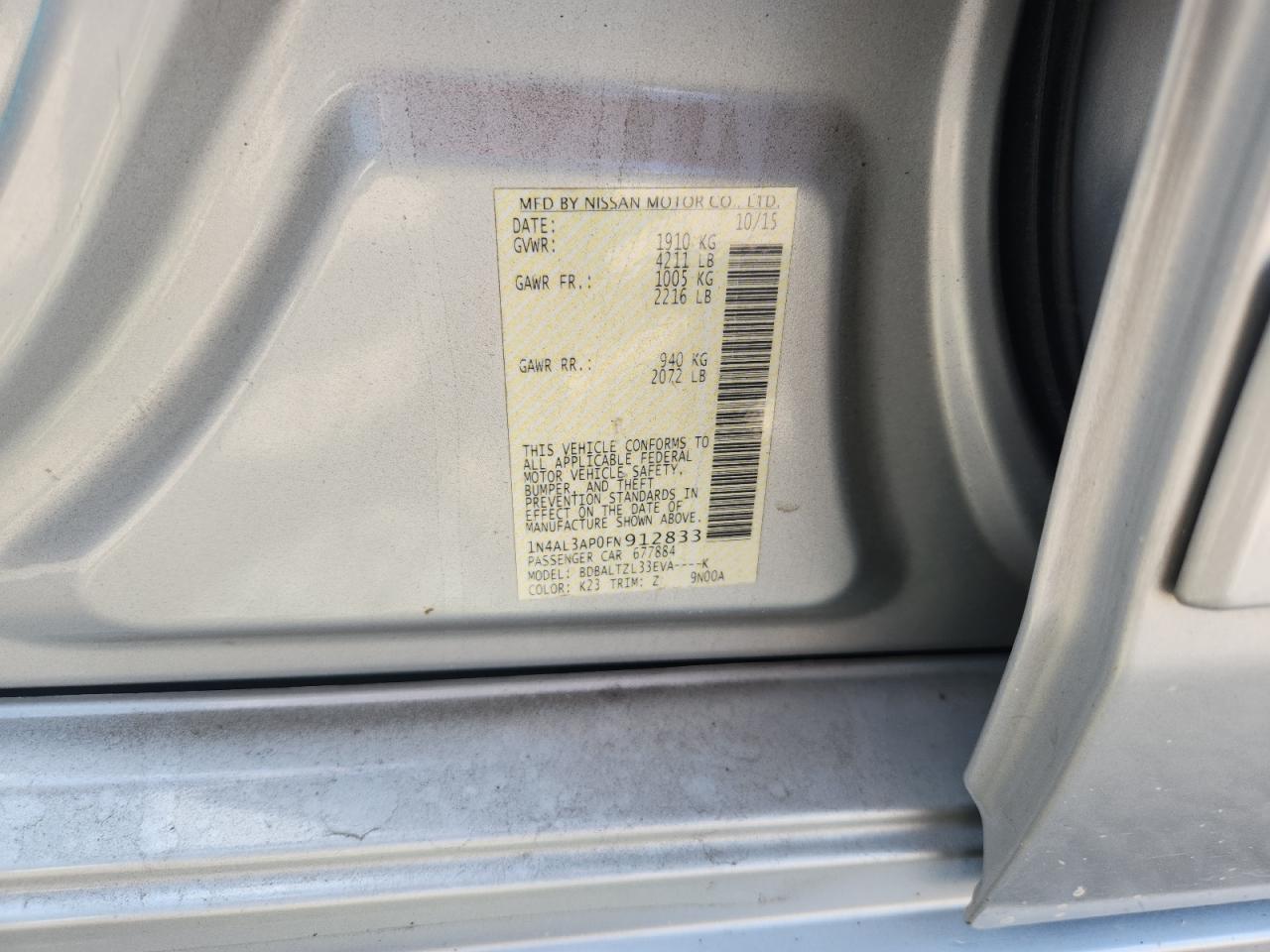 2015 Nissan Altima 2.5 Sl Silver vin: 1N4AL3AP0FN912833
