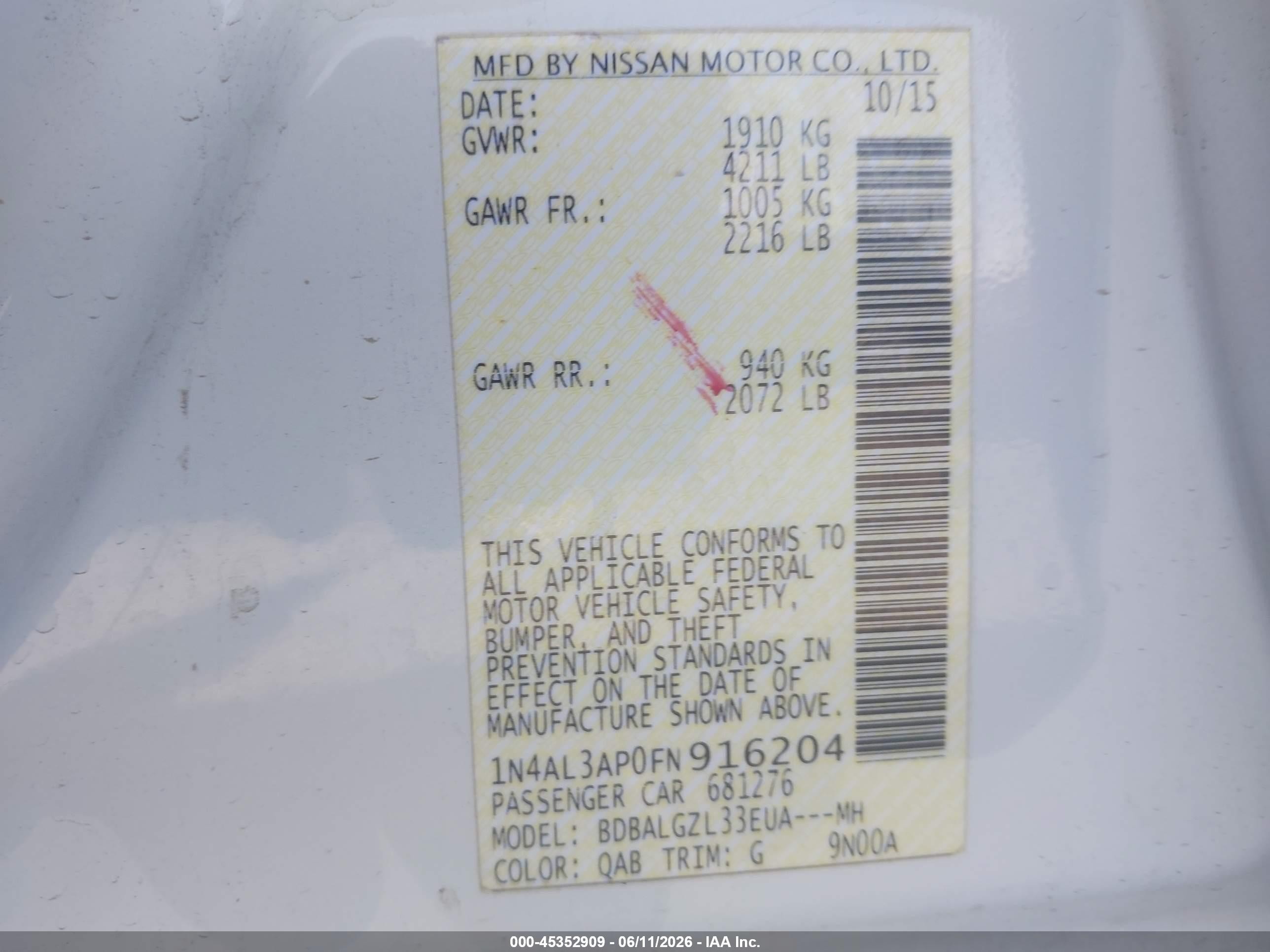 2015 Nissan Altima 2.5 S White vin: 1N4AL3AP0FN916204