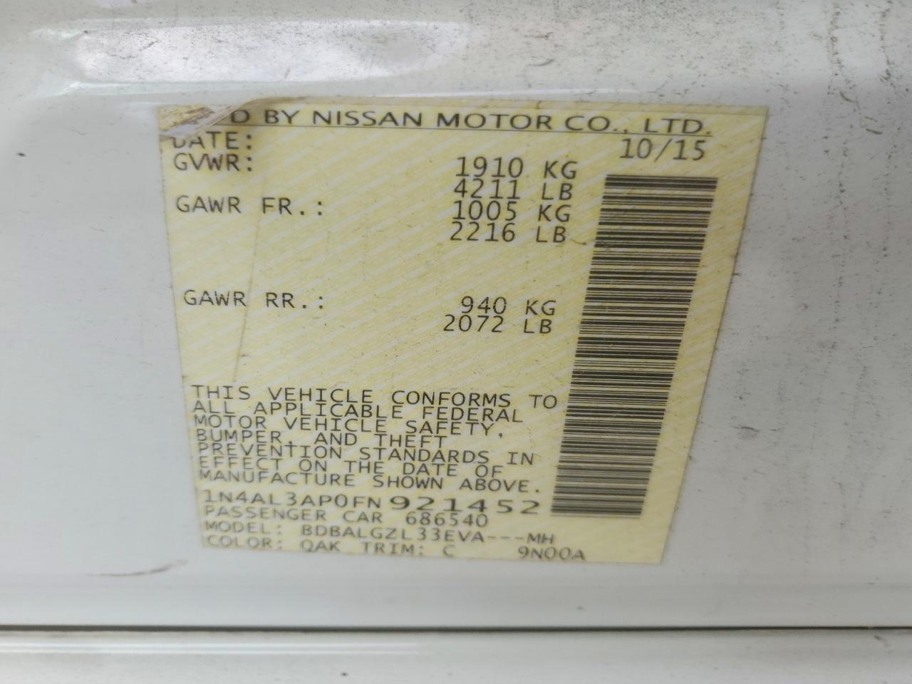 2015 Nissan Altima 2.5 S White vin: 1N4AL3AP0FN921452