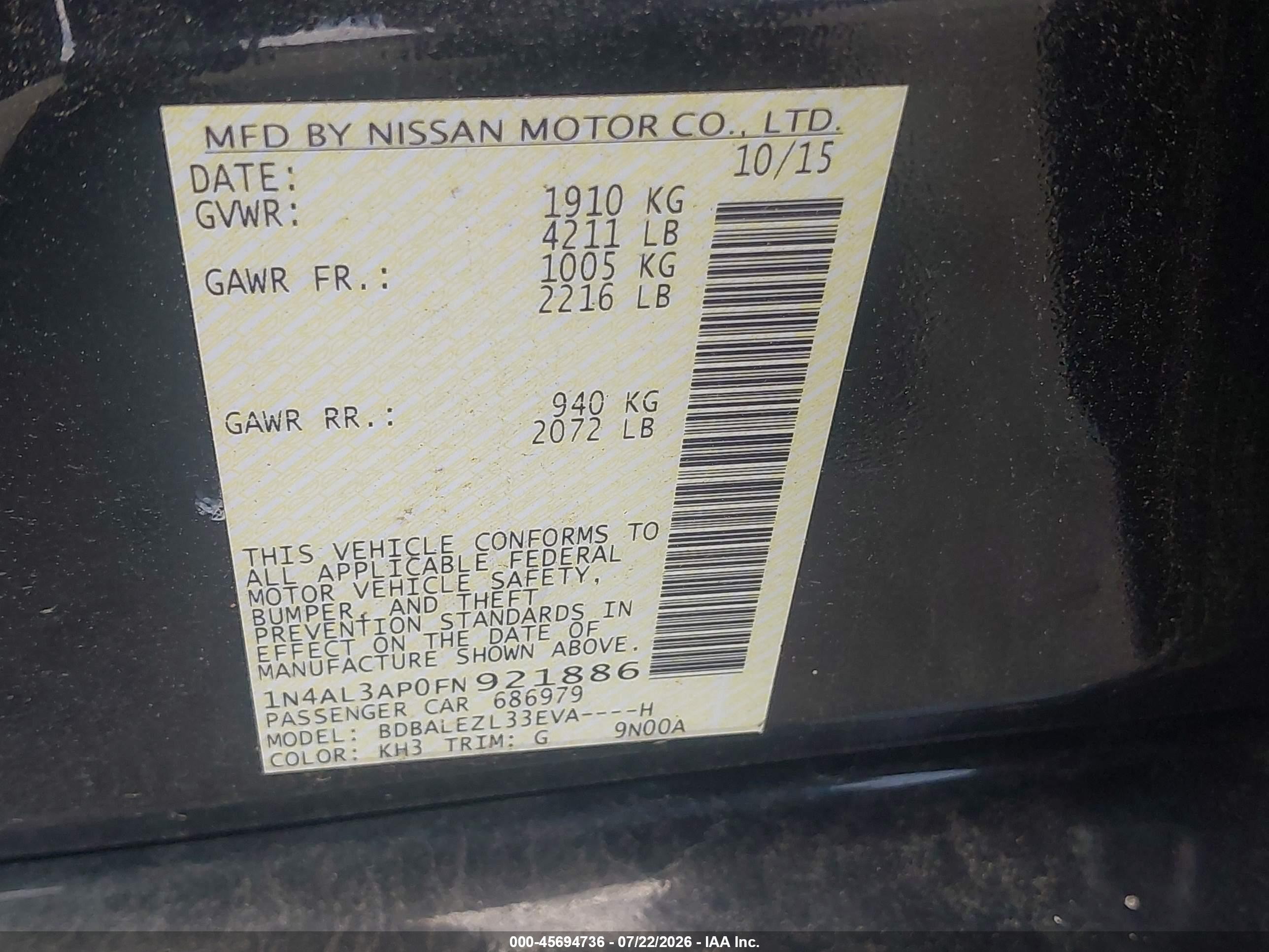 2015 Nissan Altima 2.5 S Black vin: 1N4AL3AP0FN921886