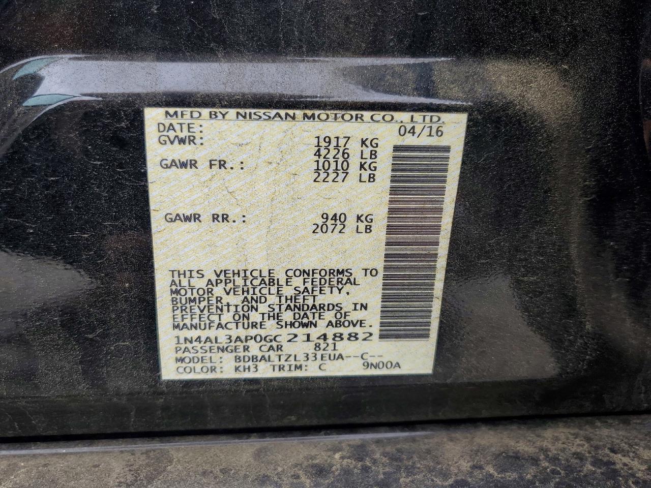 2016 Nissan Altima 2.5 Sl Black vin: 1N4AL3AP0GC214882