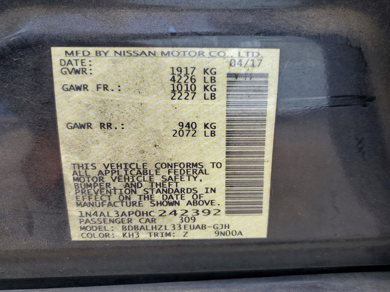 2017 Nissan Altima 2.5 Sr Black vin: 1N4AL3AP0HC242392