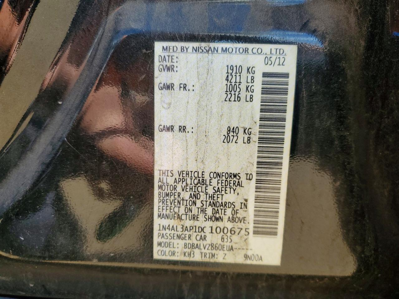 2013 Nissan Altima 2.5 Black vin: 1N4AL3AP1DC100675