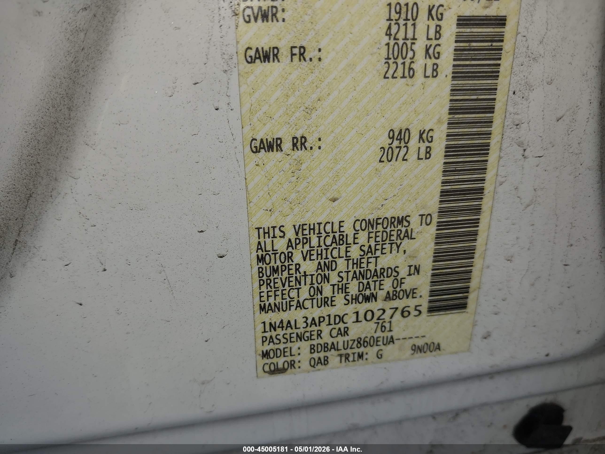 2013 Nissan Altima 2.5 Sv White vin: 1N4AL3AP1DC102765