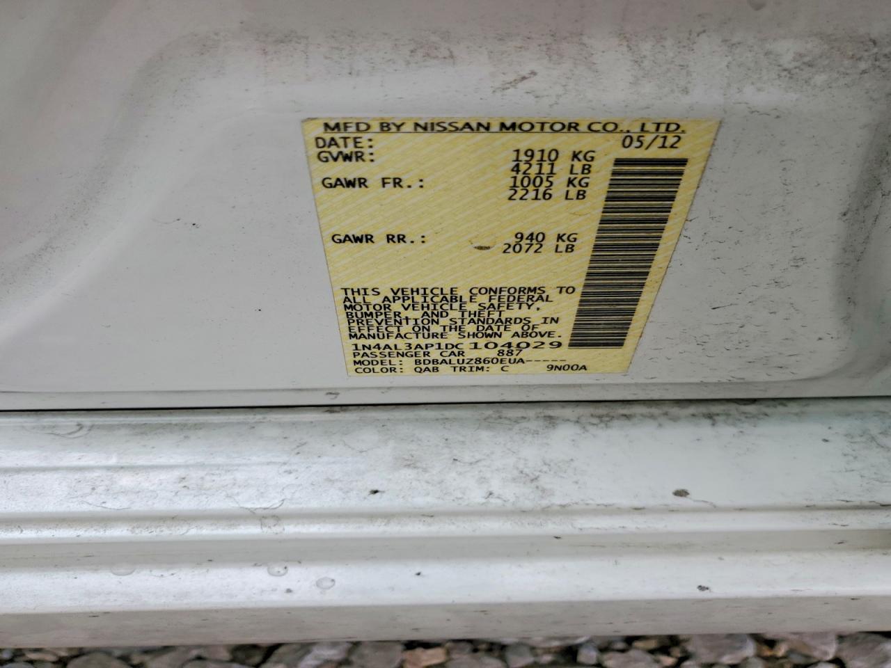 2013 Nissan Altima 2.5 White vin: 1N4AL3AP1DC104029