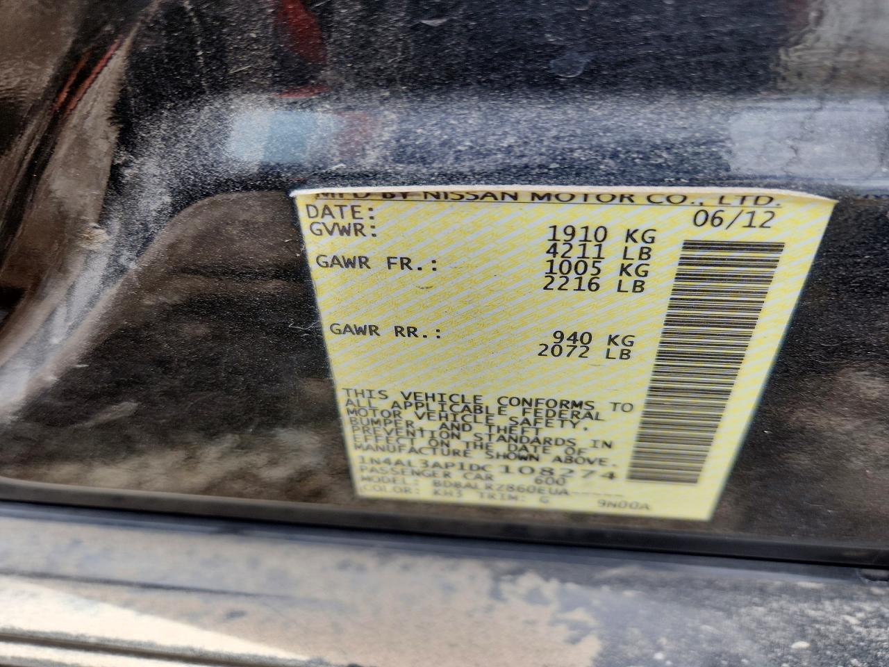 2013 Nissan Altima 2.5 Black vin: 1N4AL3AP1DC108274