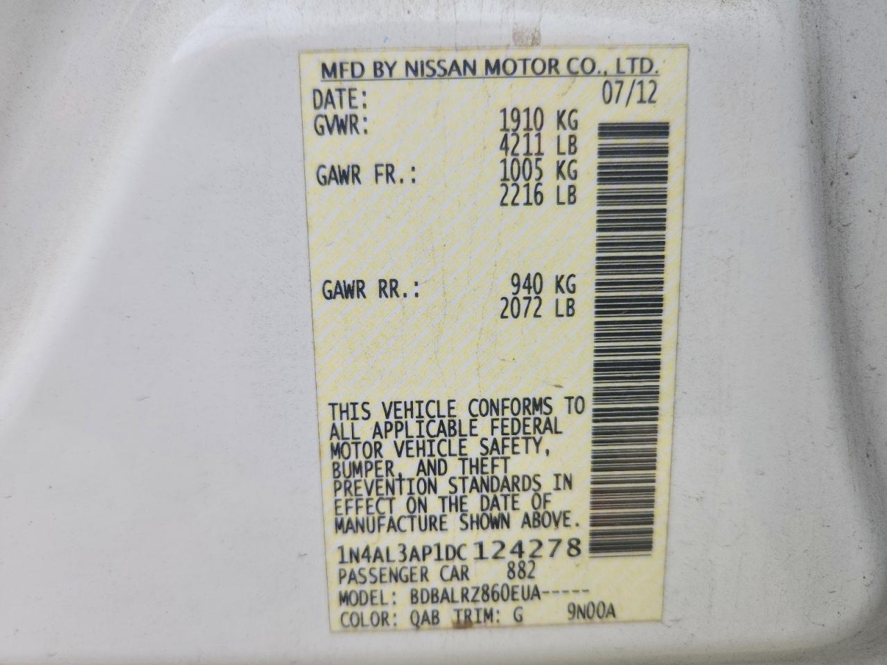 2013 Nissan Altima 2.5 White vin: 1N4AL3AP1DC124278