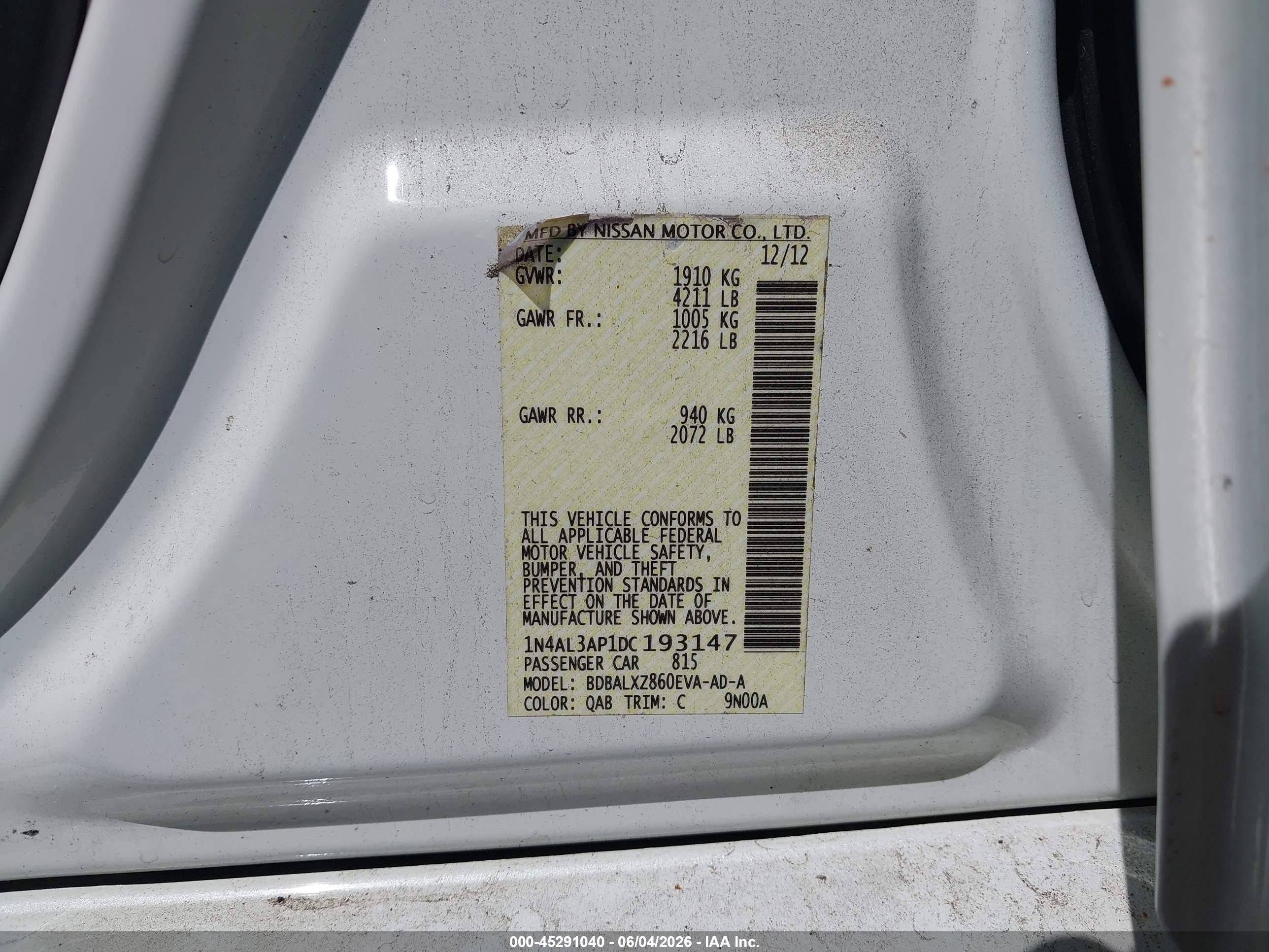 2013 Nissan Altima 2.5 Sl White vin: 1N4AL3AP1DC193147