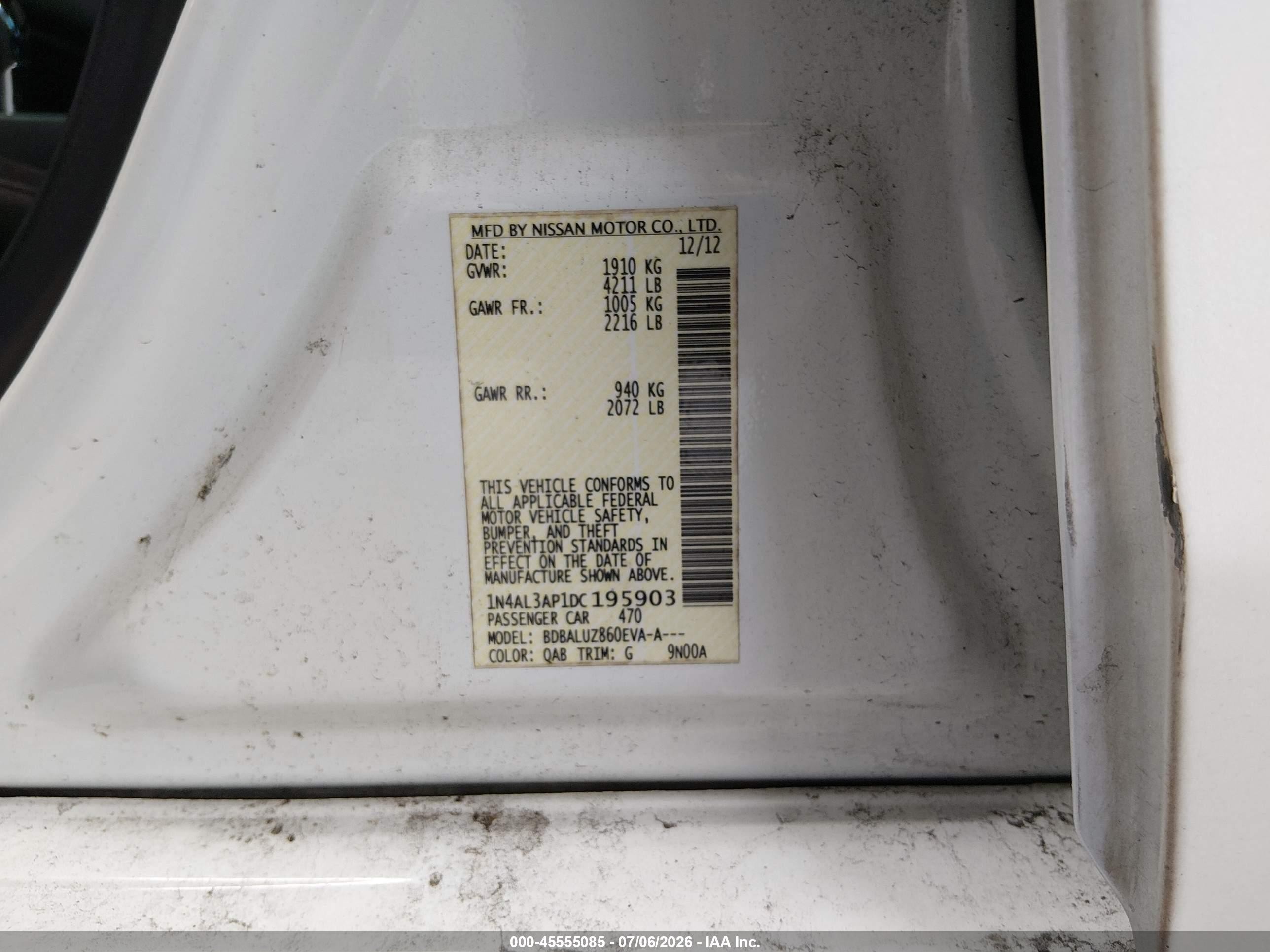 2013 Nissan Altima 2.5 Sv White vin: 1N4AL3AP1DC195903