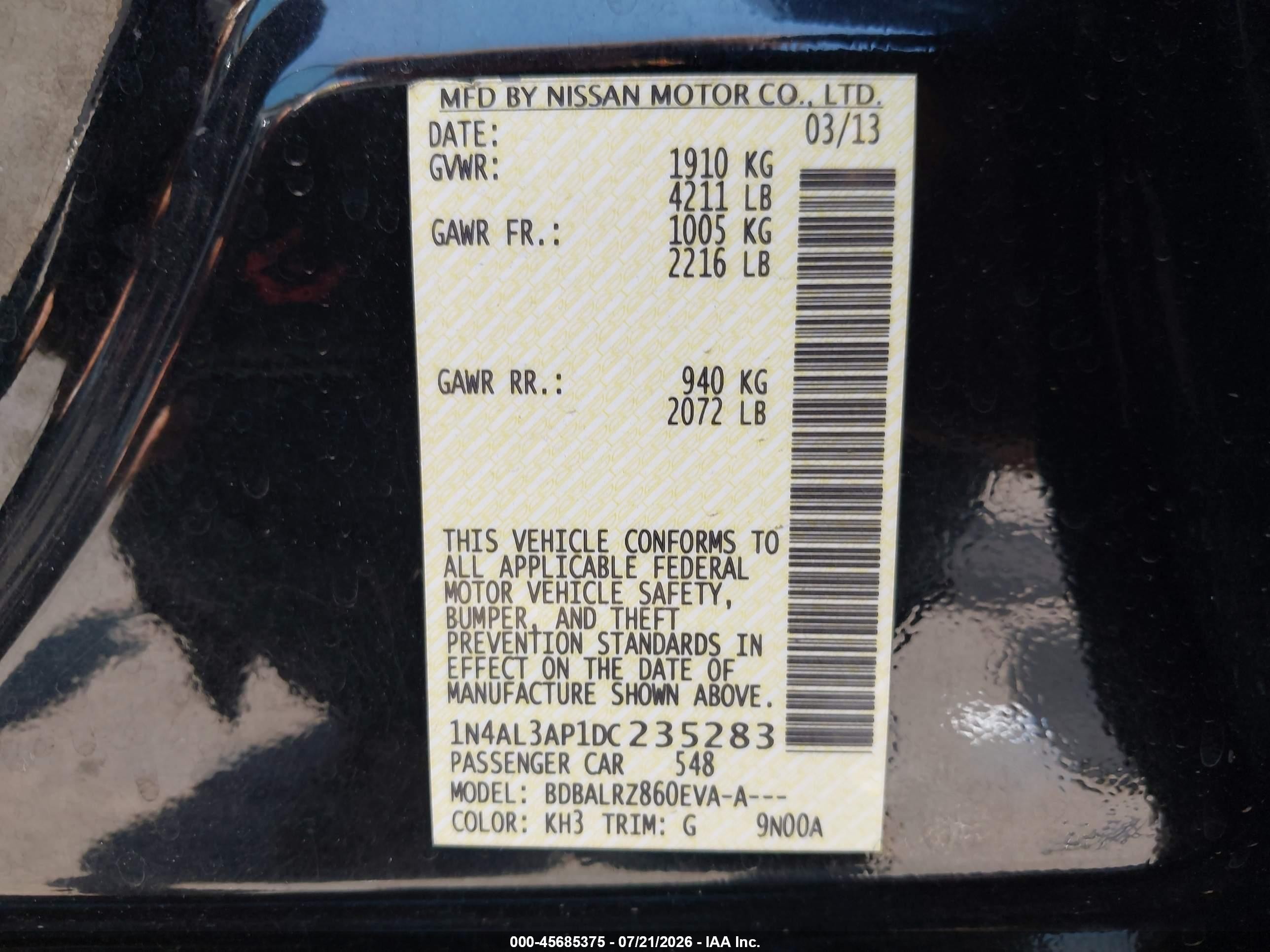 2013 Nissan Altima 2.5 S Black vin: 1N4AL3AP1DC235283