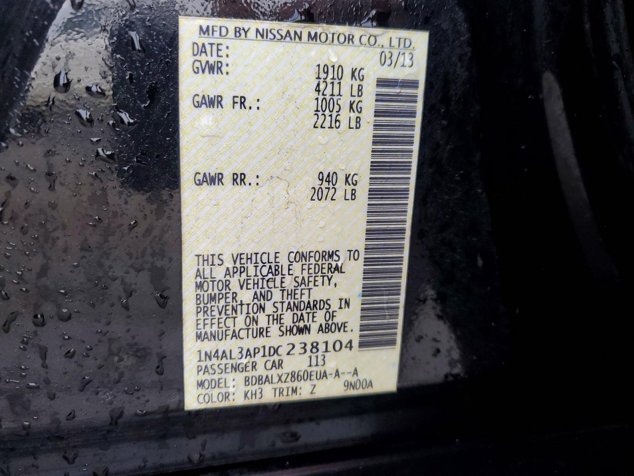 2013 Nissan Altima 2.5 Black vin: 1N4AL3AP1DC238104