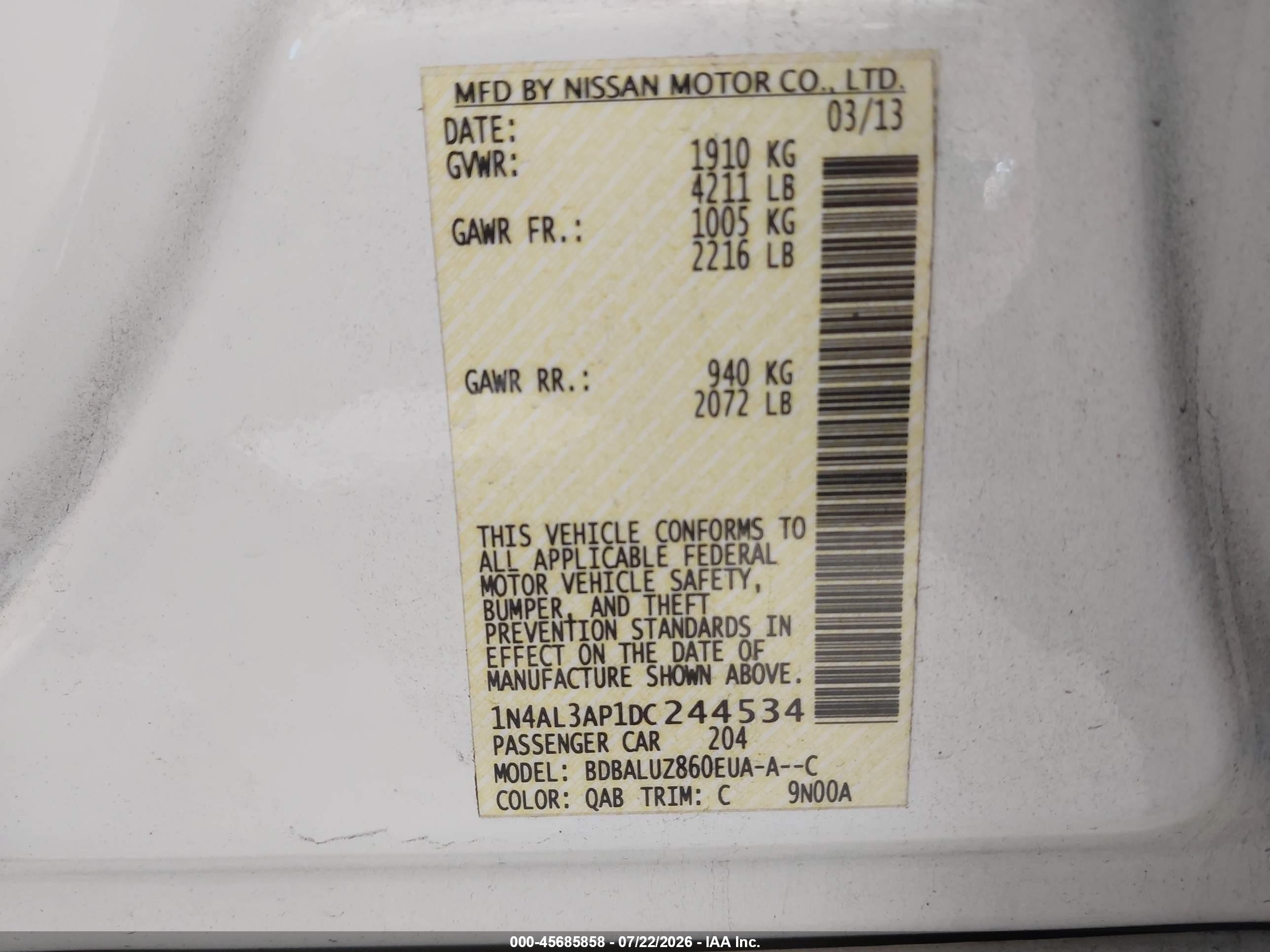 2013 Nissan Altima 2.5 Sv White vin: 1N4AL3AP1DC244534