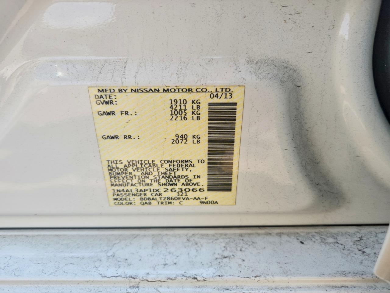 2013 Nissan Altima 2.5 White vin: 1N4AL3AP1DC263066