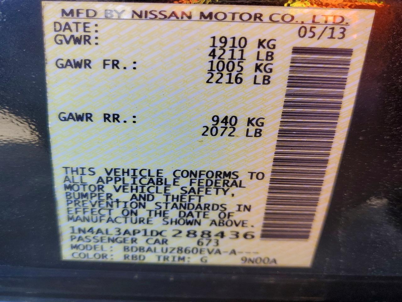 2013 Nissan Altima 2.5 Black vin: 1N4AL3AP1DC288436