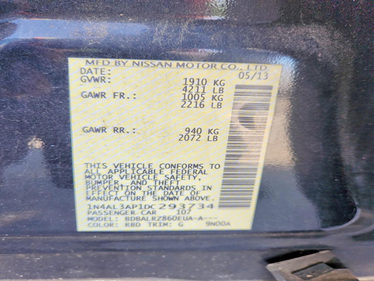 2013 Nissan Altima 2.5 S Charcoal vin: 1N4AL3AP1DC293734