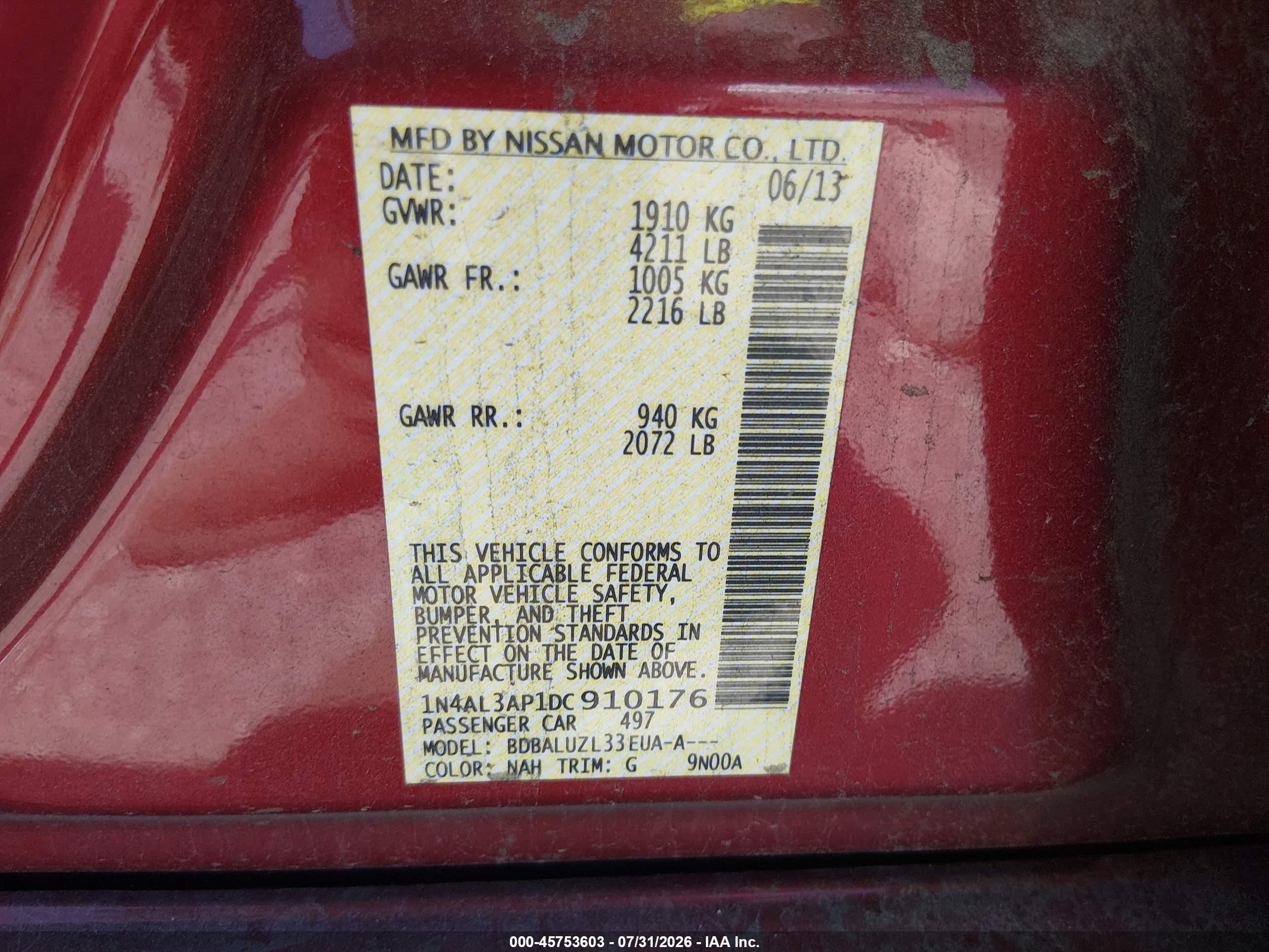 2013 Nissan Altima 2.5 Sv Red vin: 1N4AL3AP1DC910176