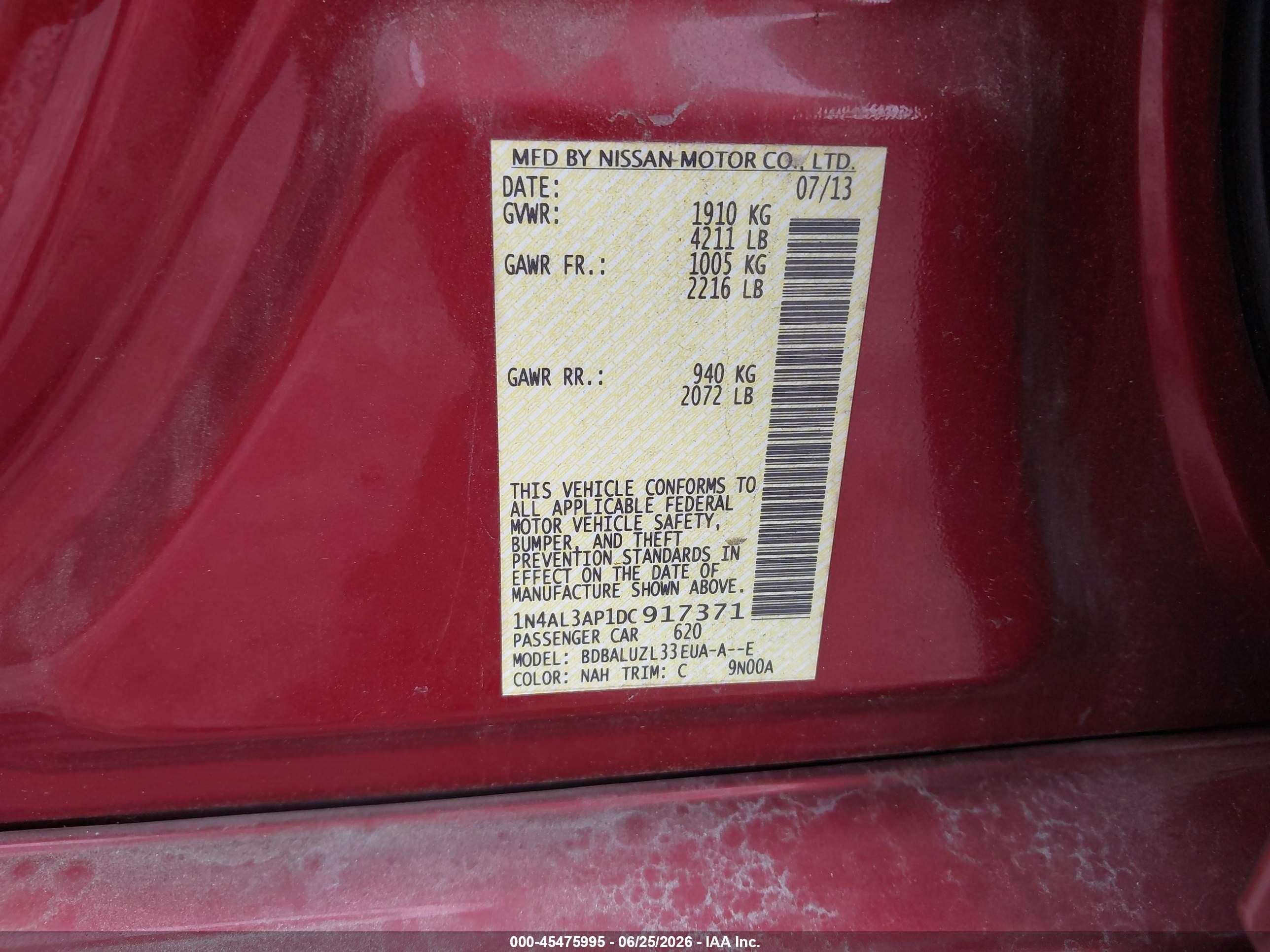 2013 Nissan Altima 2.5 Sv Red vin: 1N4AL3AP1DC917371