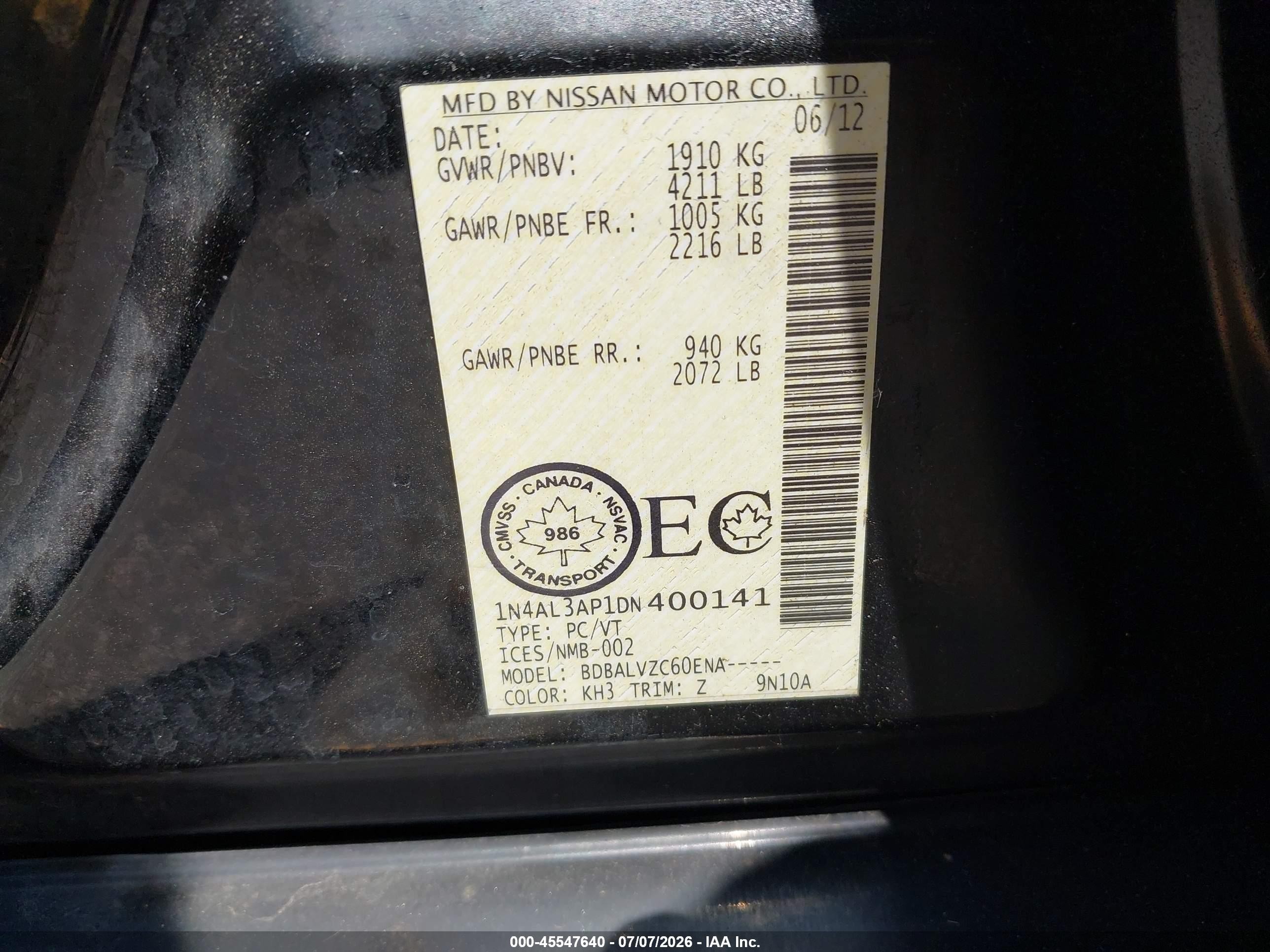 2013 Nissan Altima 2.5/2.5 S/2.5 Sl/2.5 Sv Black vin: 1N4AL3AP1DN400141