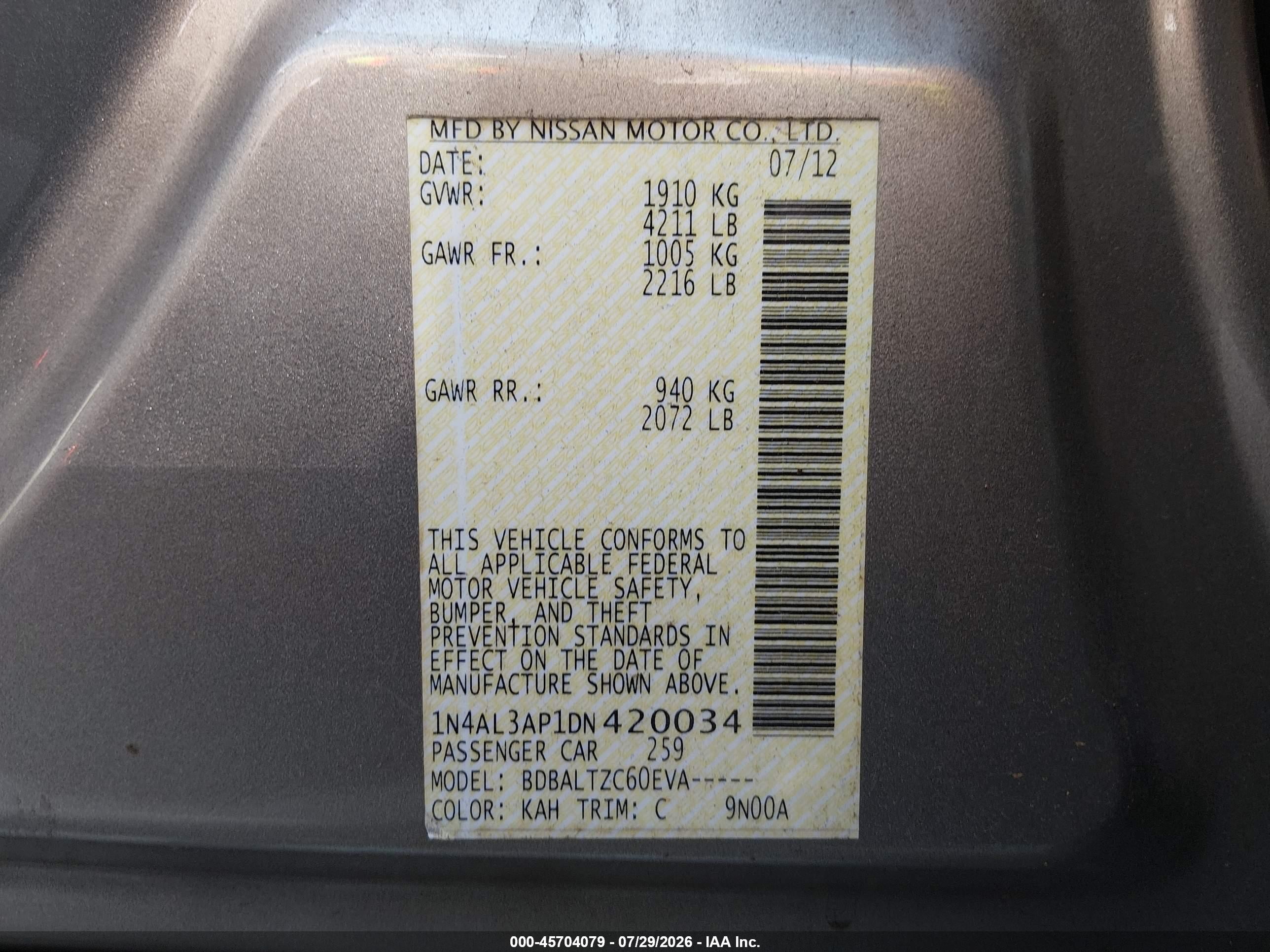 2013 Nissan Altima 2.5 Sv Gold vin: 1N4AL3AP1DN420034