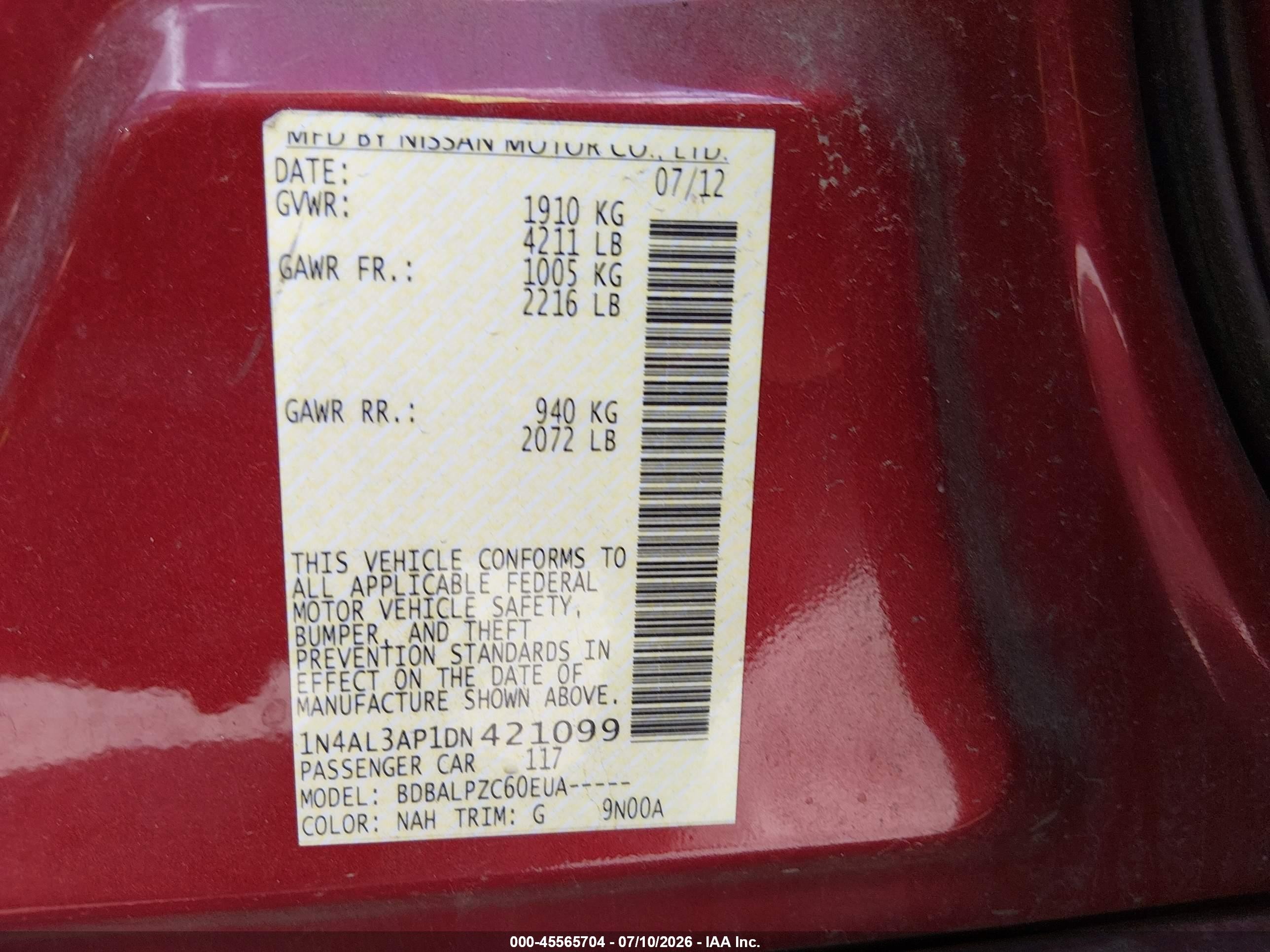 2013 Nissan Altima 2.5 Red vin: 1N4AL3AP1DN421099