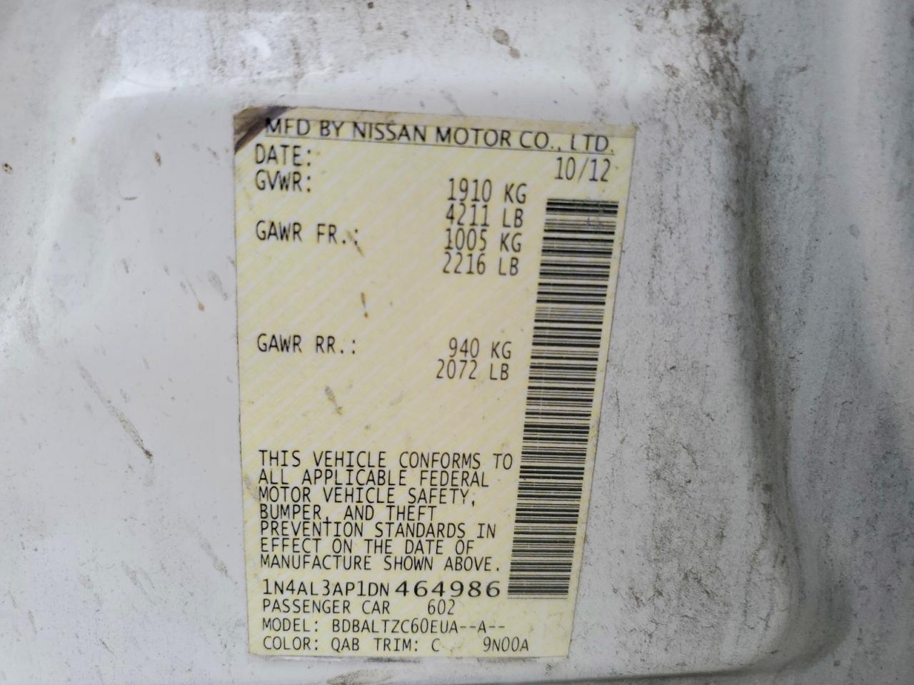 2013 Nissan Altima 2.5 White vin: 1N4AL3AP1DN464986