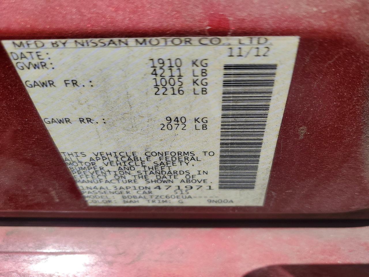 2013 Nissan Altima 2.5 Красный vin: 1N4AL3AP1DN471971
