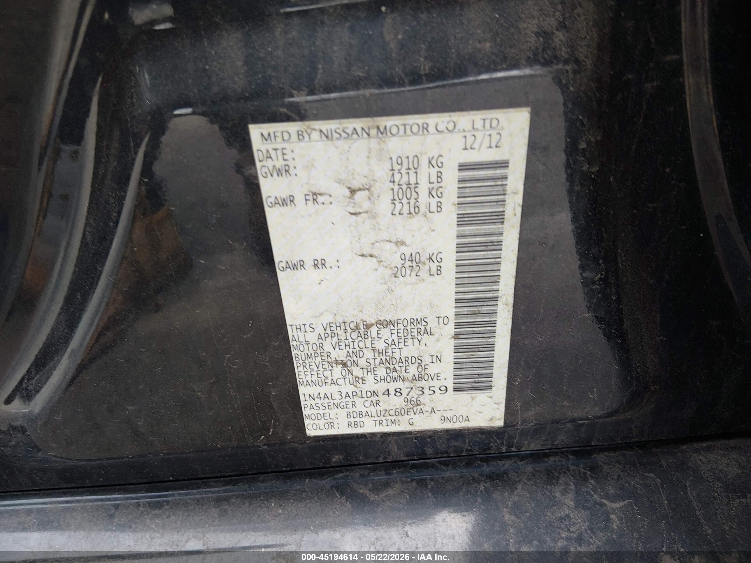 2013 Nissan Altima 2.5 Sv Black vin: 1N4AL3AP1DN487359