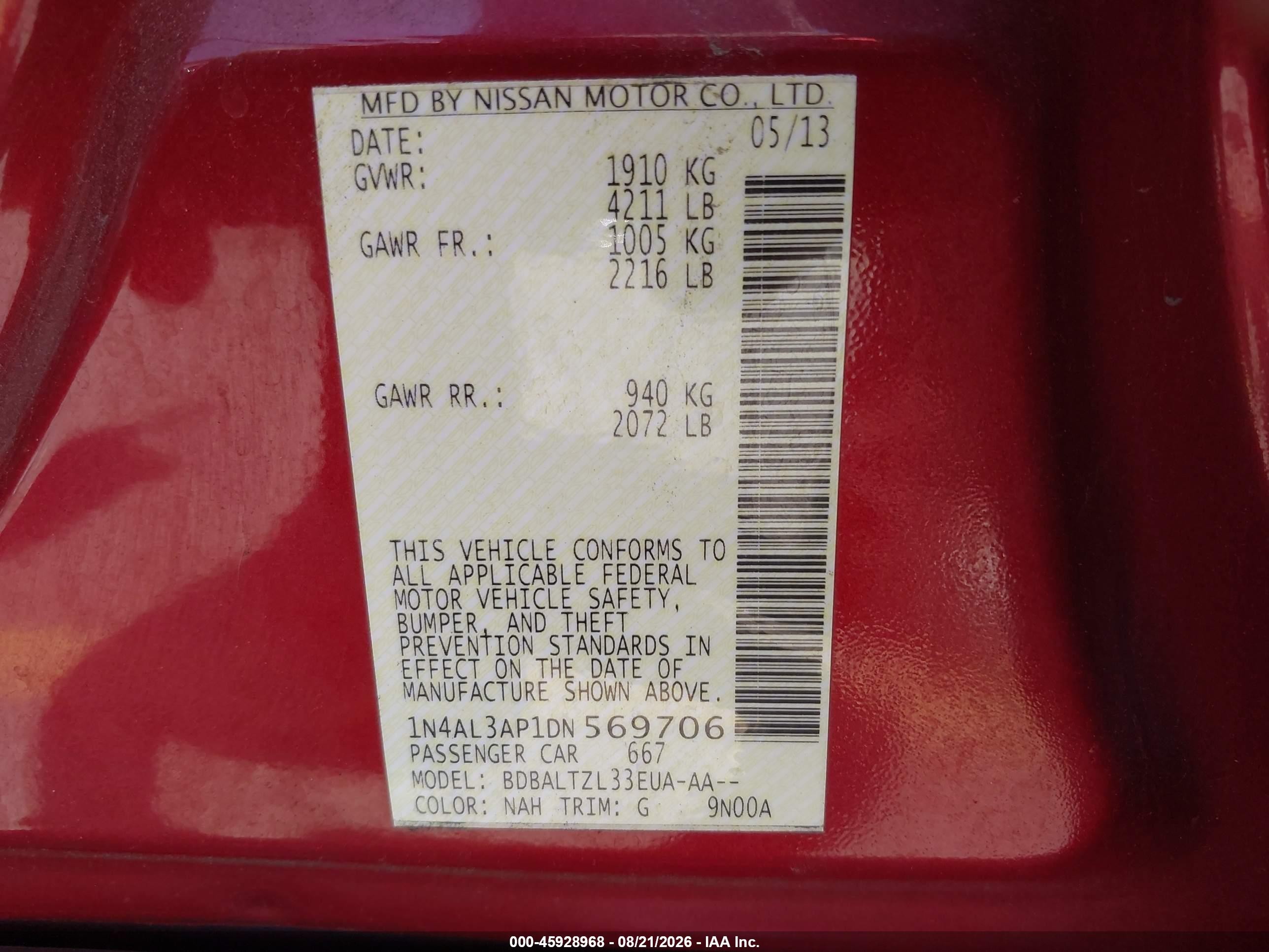 2013 Nissan Altima 2.5 Sv Red vin: 1N4AL3AP1DN569706