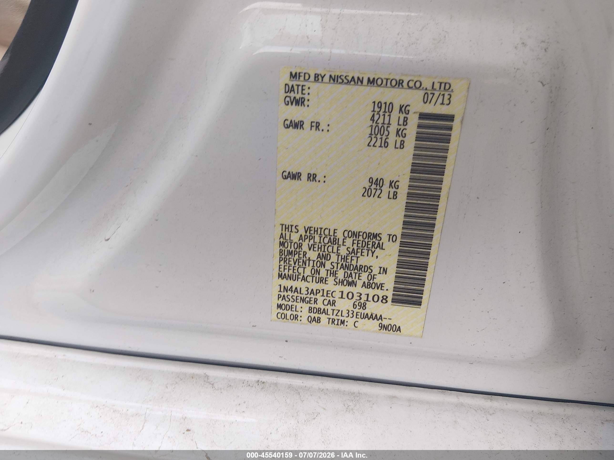 2014 Nissan Altima 2.5 Sv White vin: 1N4AL3AP1EC103108
