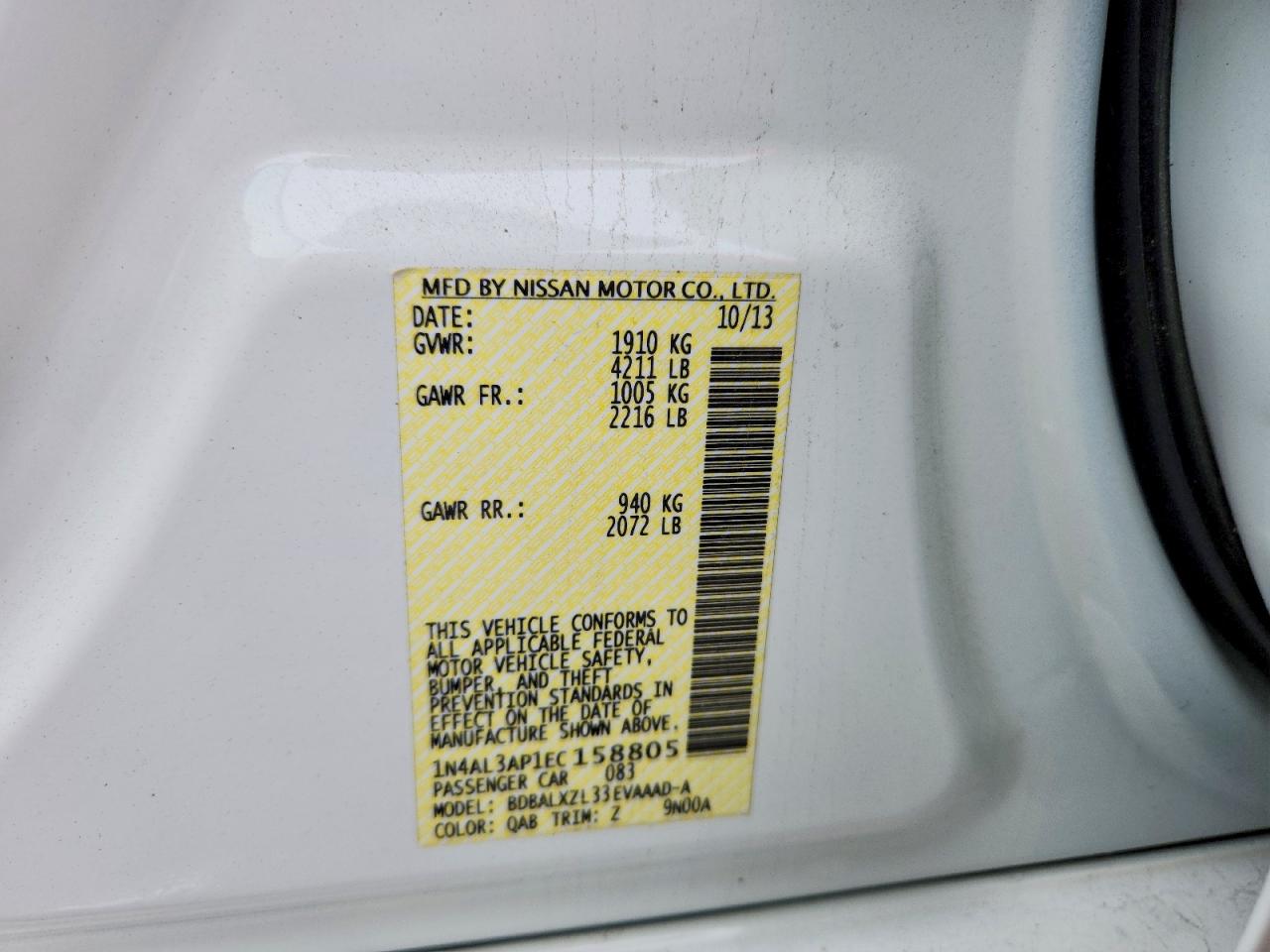 2014 Nissan Altima 2.5 Sl White vin: 1N4AL3AP1EC158805