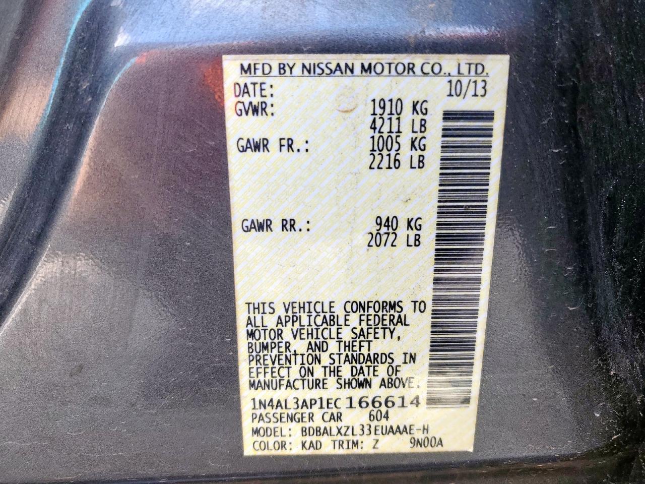 2014 Nissan Altima 2.5 Sl Charcoal vin: 1N4AL3AP1EC166614