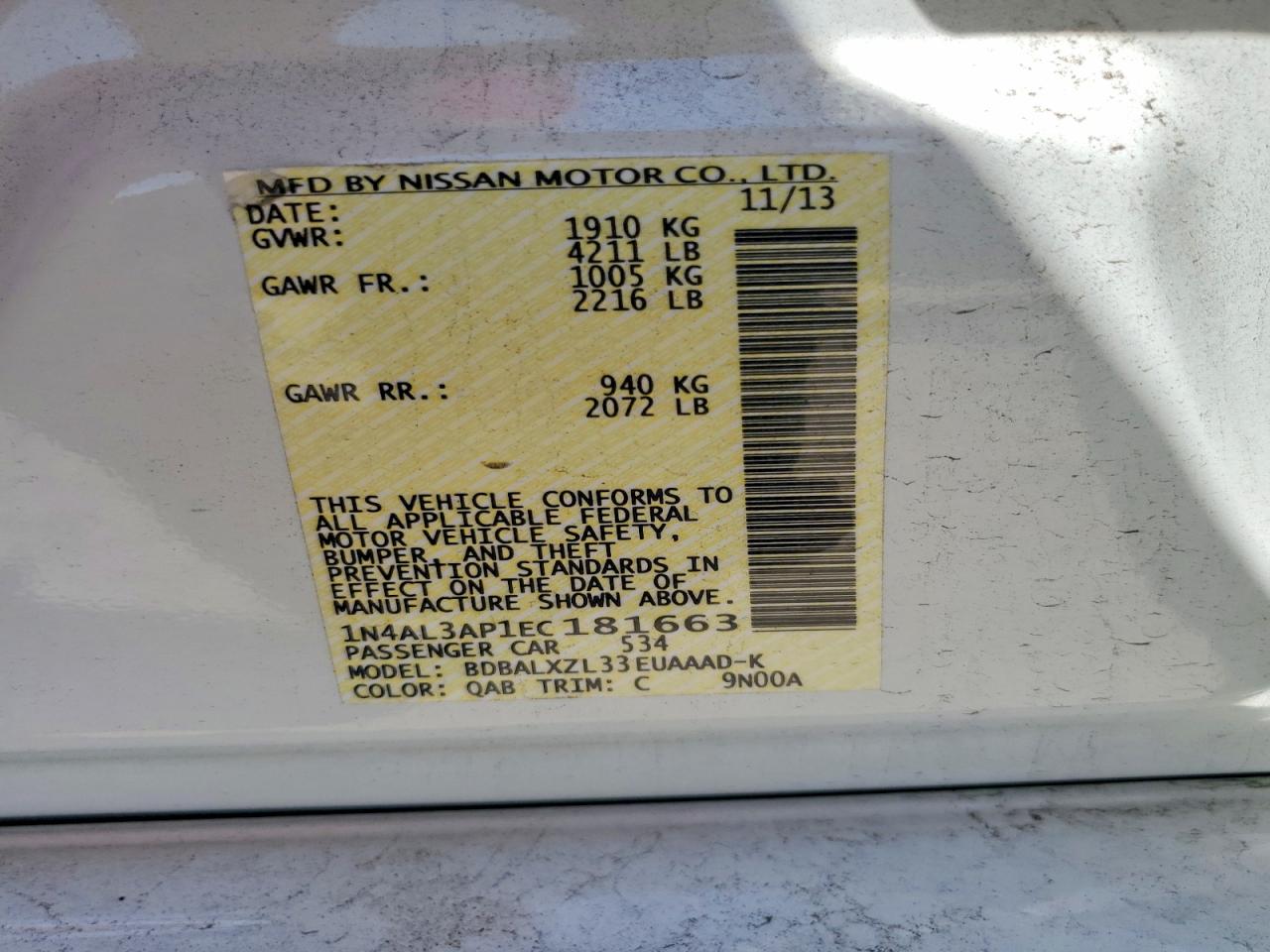 2014 Nissan Altima 2.5 Sl White vin: 1N4AL3AP1EC181663