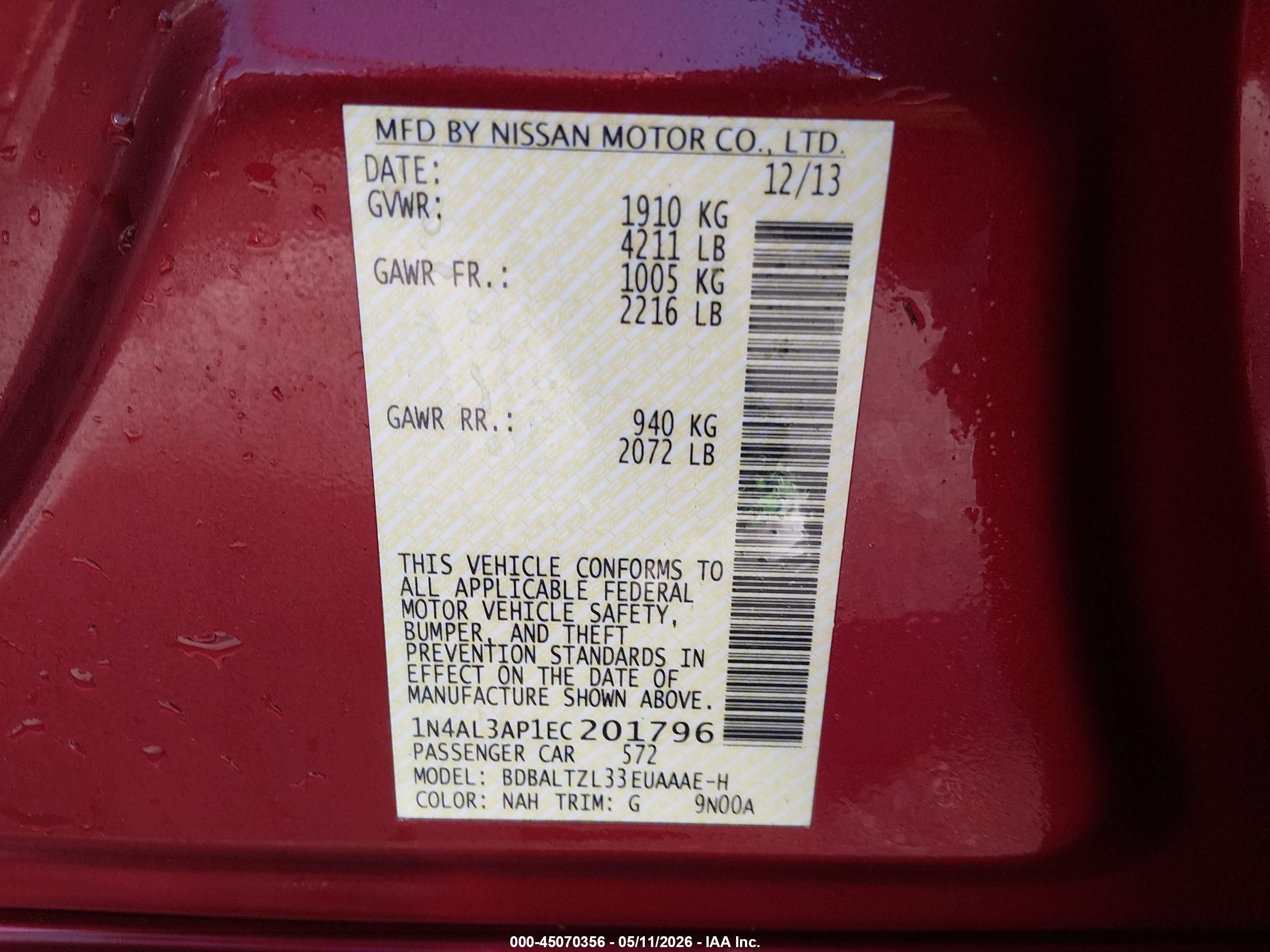 2014 Nissan Altima 2.5 Sv Red vin: 1N4AL3AP1EC201796