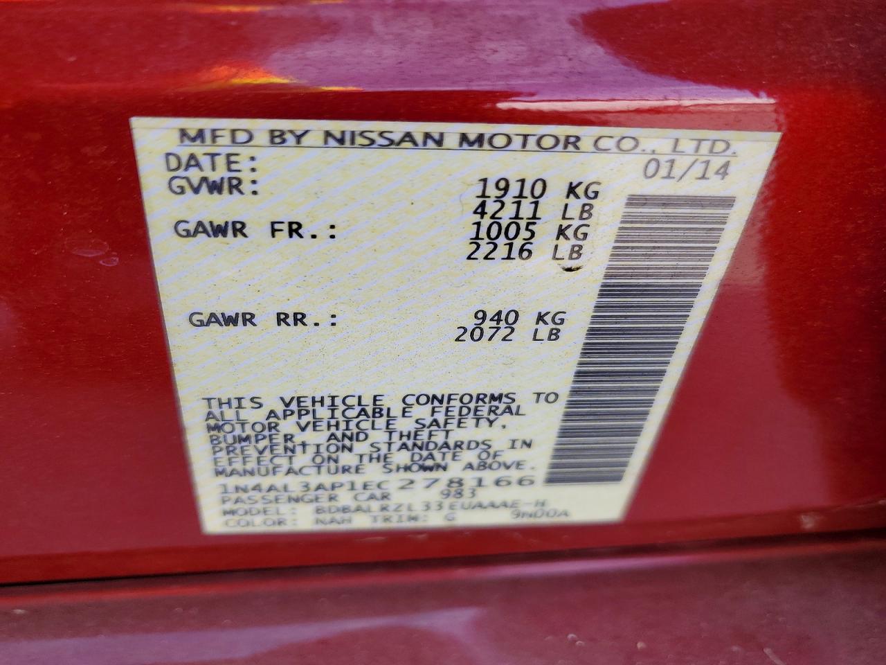 2014 Nissan Altima 2.5 S Red vin: 1N4AL3AP1EC278166