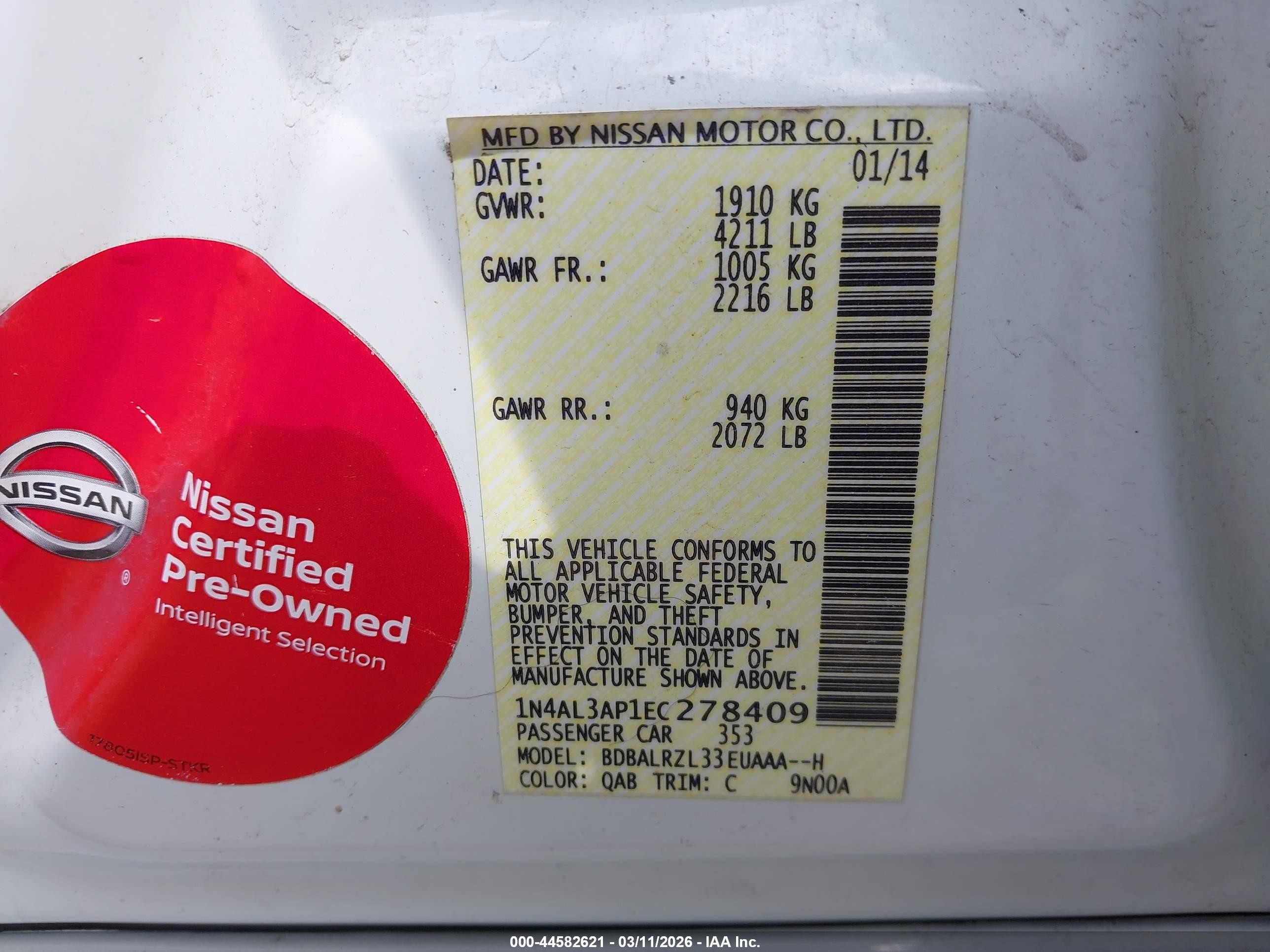 2014 Nissan Altima 2.5 S White vin: 1N4AL3AP1EC278409